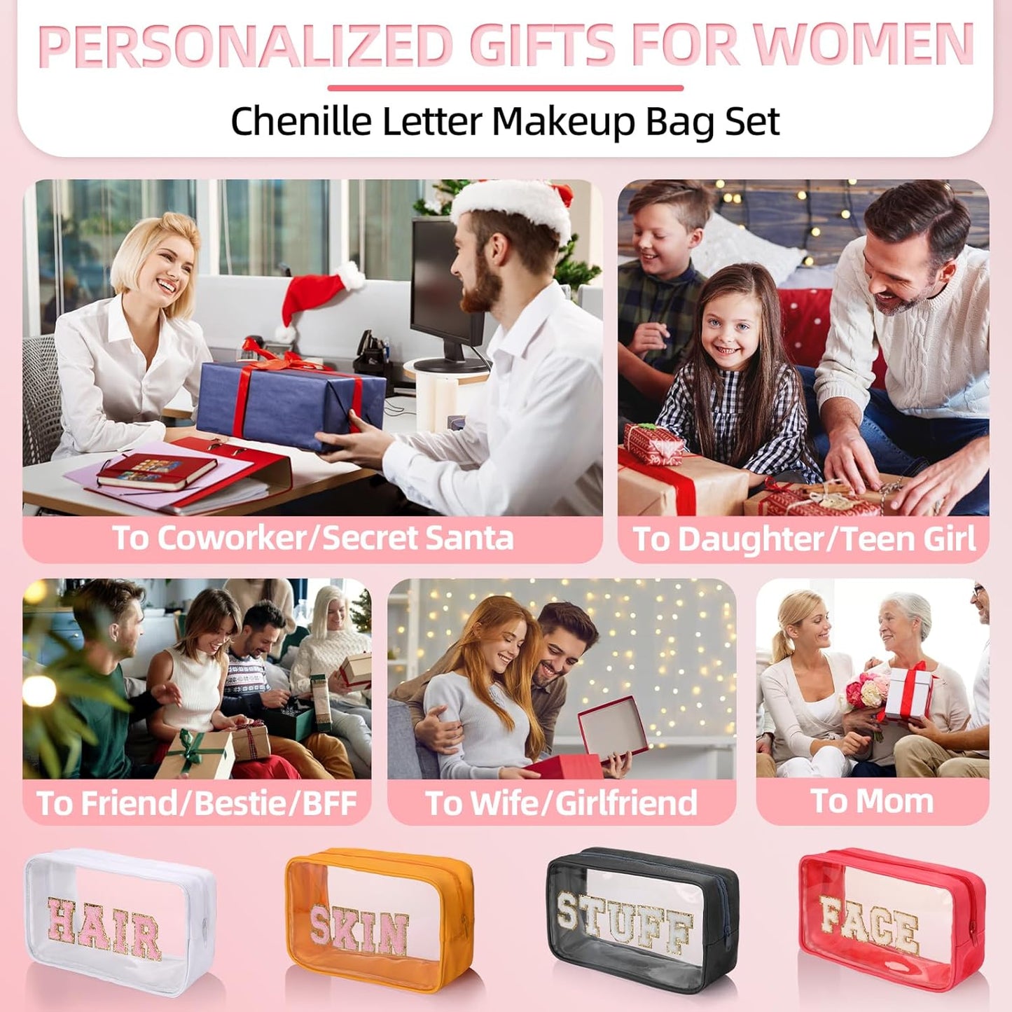 Clear Makeup Bags with Chenille Letters, 4 Pack Preppy Cosmetic Pouch Zipper, Personalized Initial beauty case, Travel Toiletry vanity organizer for Women Girl (Hair, Face, Skin, Stuff)