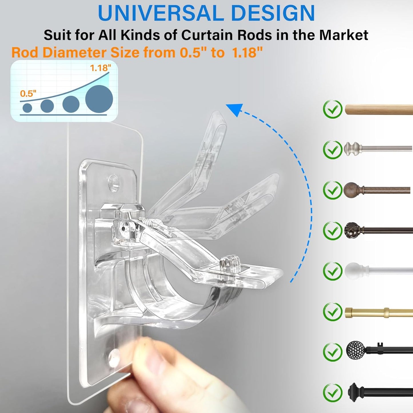 6-Pack No Drill Needed Curtain Rod Holders, Self Adhesive Rod Brackets for Smooth Walls, Multipurpose Nail-Free Stick on Curtain Rod Hooks, Screw Mount Curtain Hangers for Textured Surfaces