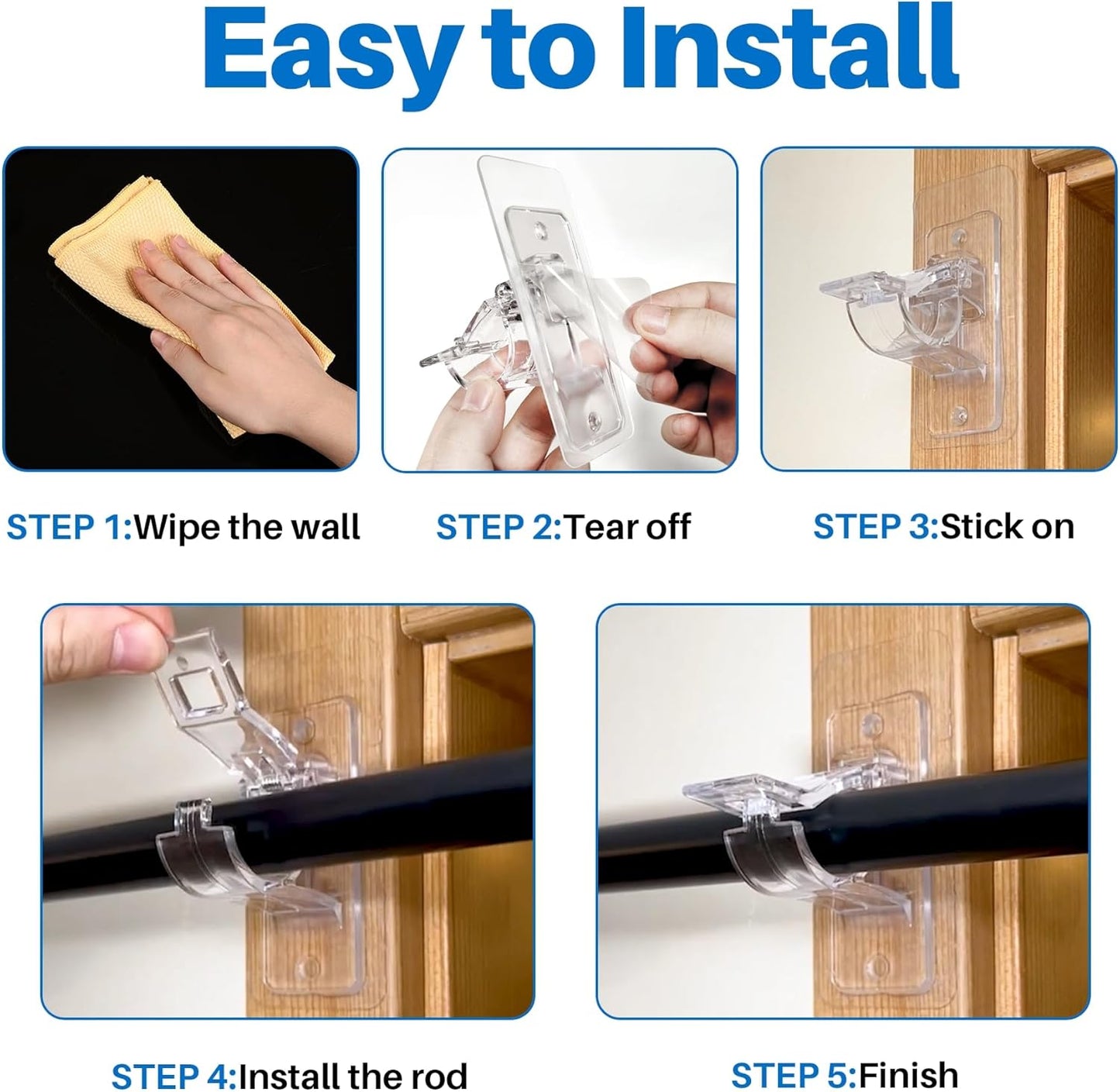 6-Pack No Drill Needed Curtain Rod Holders, Self Adhesive Rod Brackets for Smooth Walls, Multipurpose Nail-Free Stick on Curtain Rod Hooks, Screw Mount Curtain Hangers for Textured Surfaces