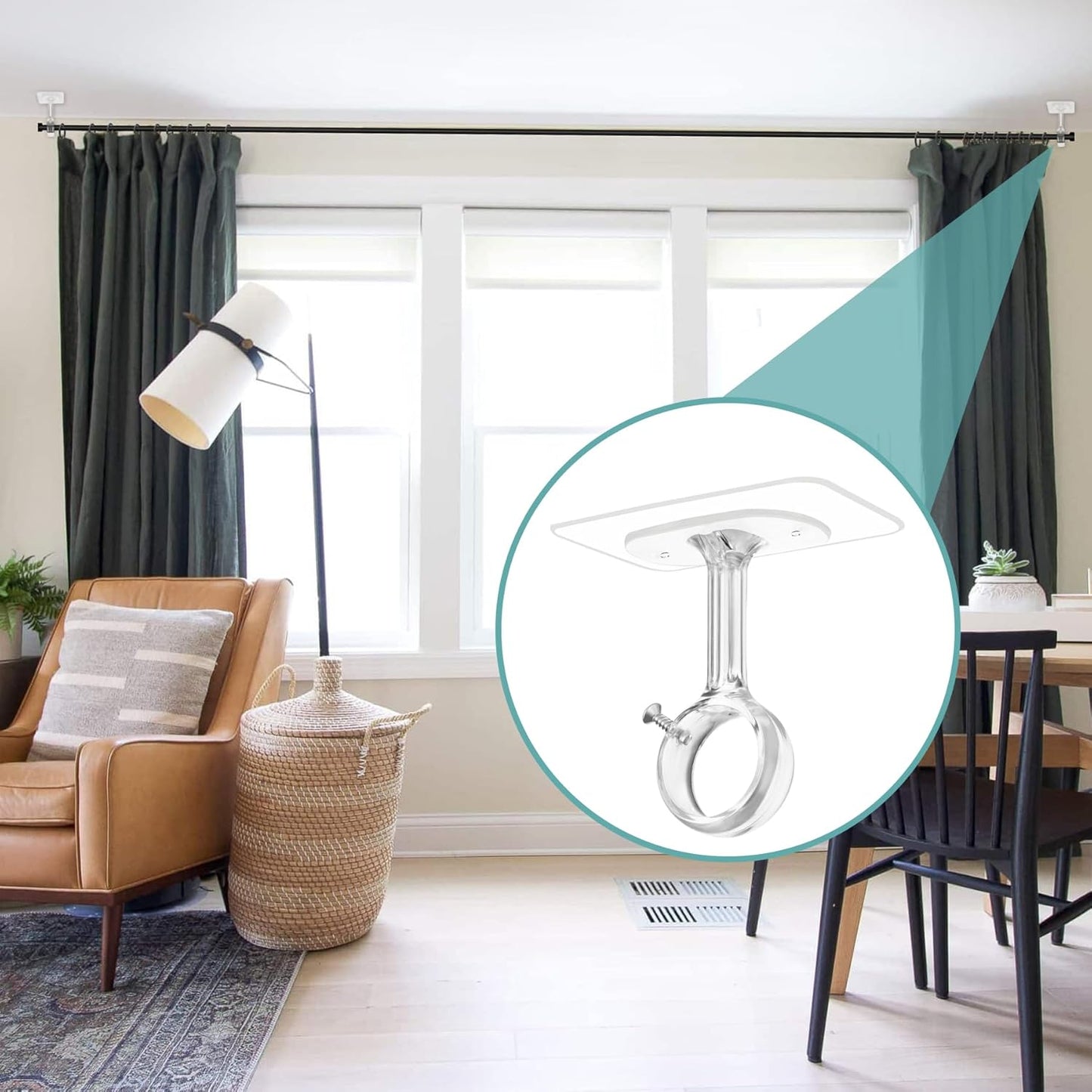6-Pack No Drilling Ceiling Mounted Curtain Rod Brackets, Self Adhesive Curtain Rod Holder, Heavy Duty Stick No Wall Damage Rods Hanger Hooks for Home Renter Dorm Kitchen Bedroom Bathroom