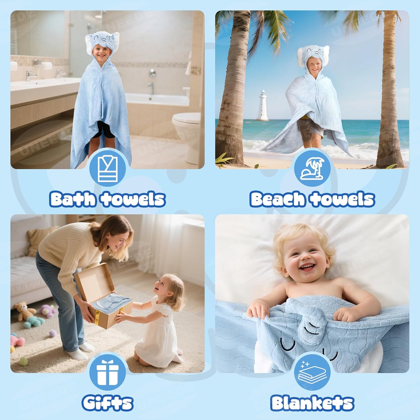 Blue Elephant Bath Hooded Towel for Kids,Extra Soft and Fast Drying Poncho for Toddlers Age 3-10,Kids Beach Hooded Towel Polyester Size 31 x 47 in,Machine Washable Poncho for Bath Beach Pool