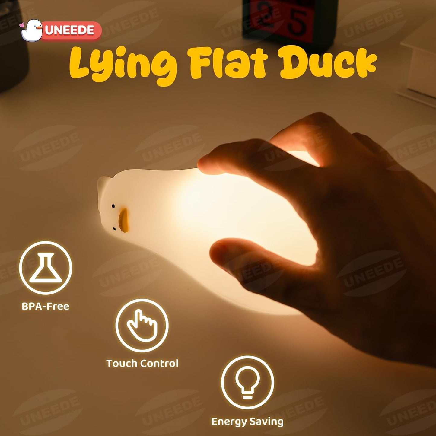 UENEEDE Lying Flat Duck Lamp, 3 Level Dimmable Rechargeable Silicone Night Light, Benson Duck Cute Squishy Touch Sensor Bedside Lamp for Nursery, Breastfeeding, Kids Room Decor