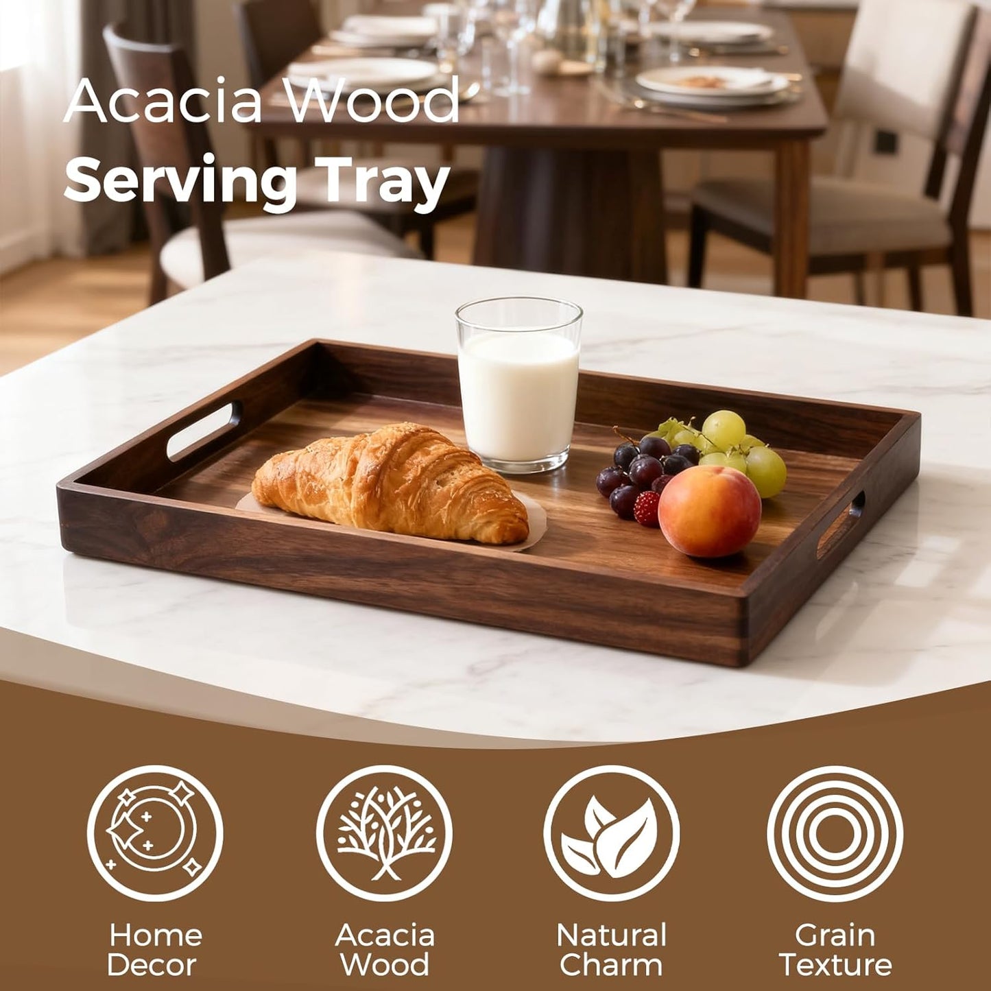 Acacia Wood Serving Tray with Handles, 17 Inch Wooden Tray for Ottoman, Breakfast, Lunch, Dinner, Decorative Rectangular Tray for Living Room, Kitchen Counter, Outdoor