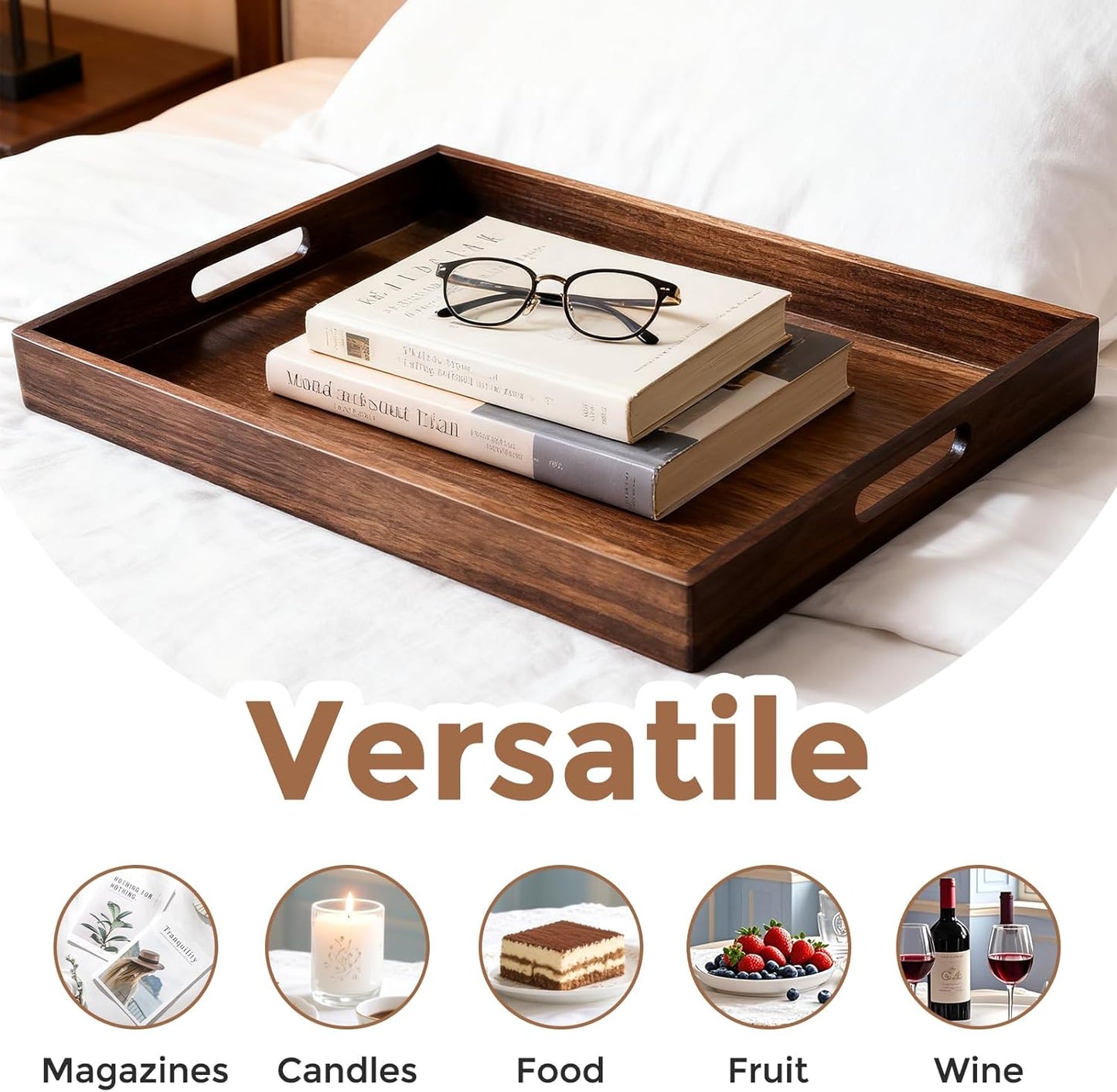 Acacia Wood Serving Tray with Handles, 17 Inch Wooden Tray for Ottoman, Breakfast, Lunch, Dinner, Decorative Rectangular Tray for Living Room, Kitchen Counter, Outdoor