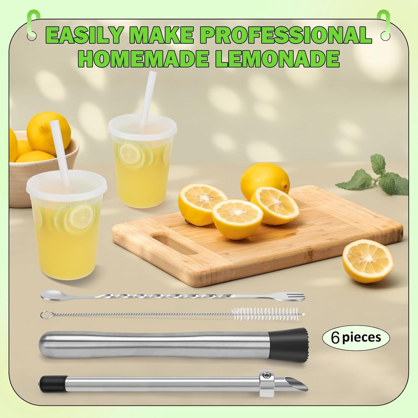 6 Pcs Straw Puncher and Muddler for Plastic Lids Lemonade Cups, Stainless Steel Muddler and Mixing Spoon-Straw Hole Puncher for Drink, Fresh Squeezed Lemonade Stand Supplies