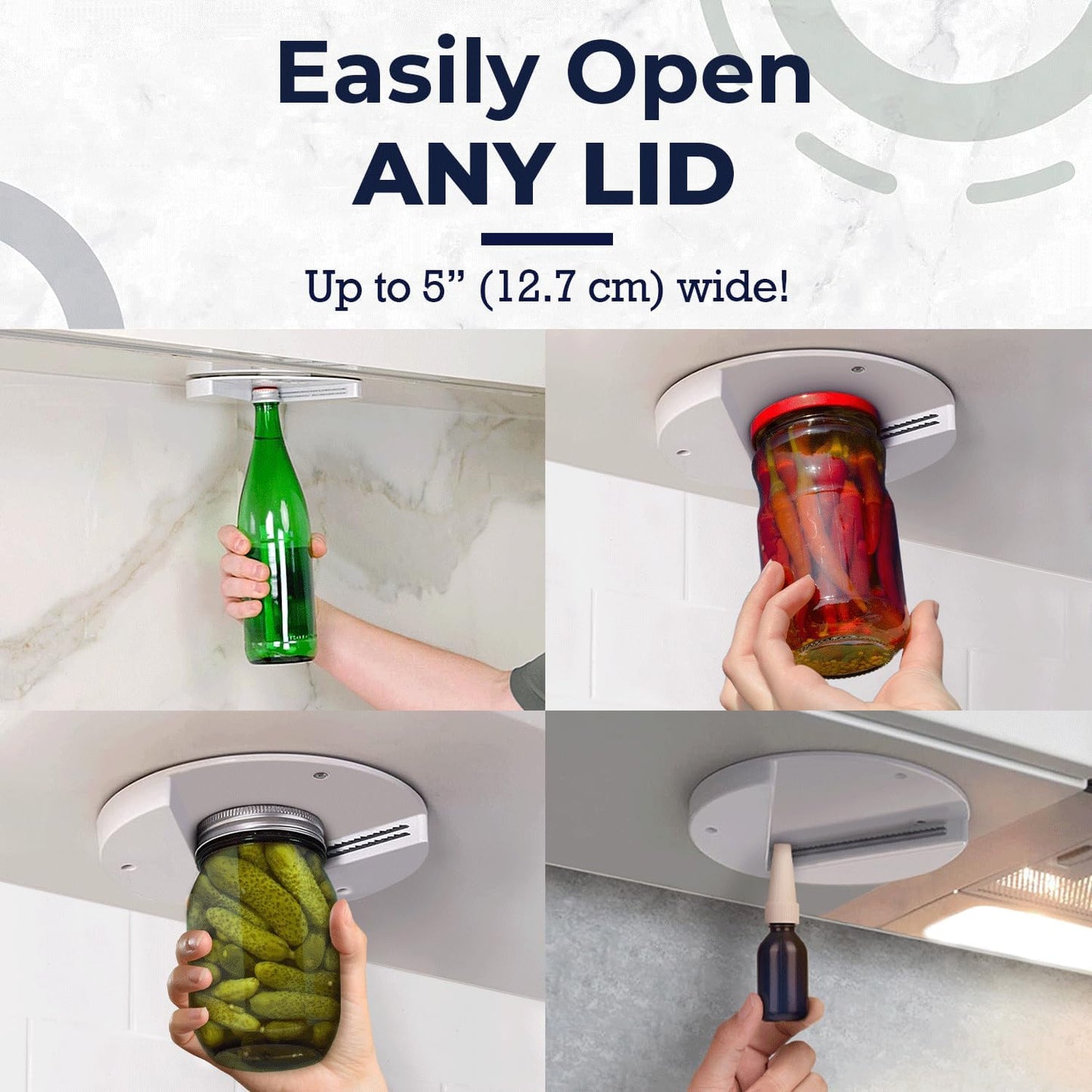Jar Opener for Seniors - Under Cabinet Jar Openers for Weak Hands, Easy Grip, Arthritis jar opener, One Handed Gadgets & Bottle Opener - Essential Kitchen Gadgets for Home Assistance - White