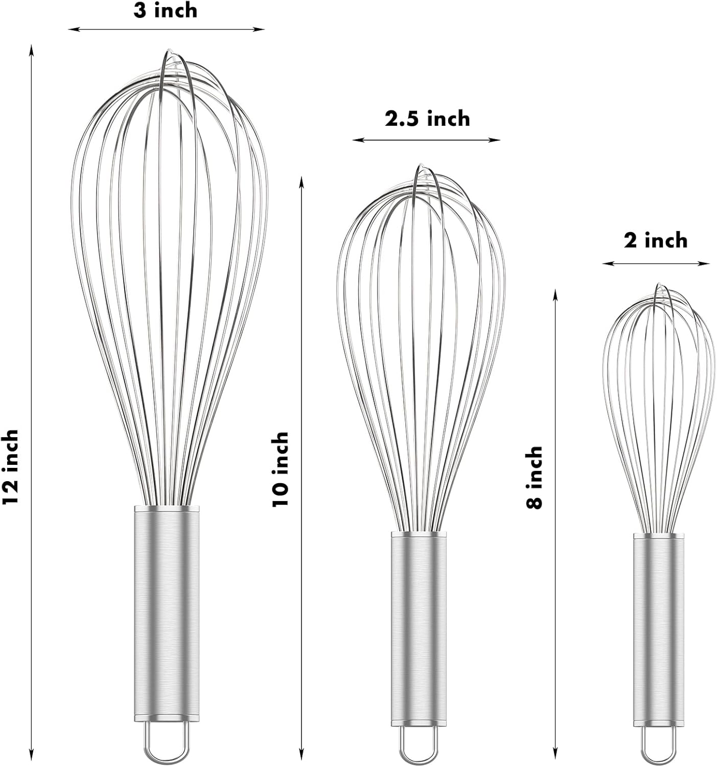 304 Stainless Steel Whisk Set & Wok Spatula, 3 Pack Whisks and Stainless Steel Spatula for Kitchen Cooking, Blending, Beating, Stirring