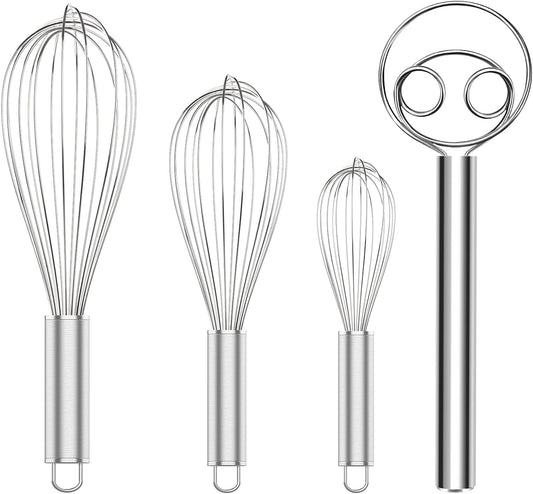 304 Stainless Steel Whisk Set & Danish Dough Whisk, 3 Pack Professional Kitchen Whisks, Metal Whisks for Blending, Beating, Mixing Dough