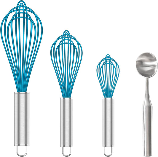 Silicone Whisk & Stainless Steel Ice Cream Scoop Set, Blue Silicone Whisk for Cooking & Heavy Duty Ice Cream Scooper, Dishwasher Safe