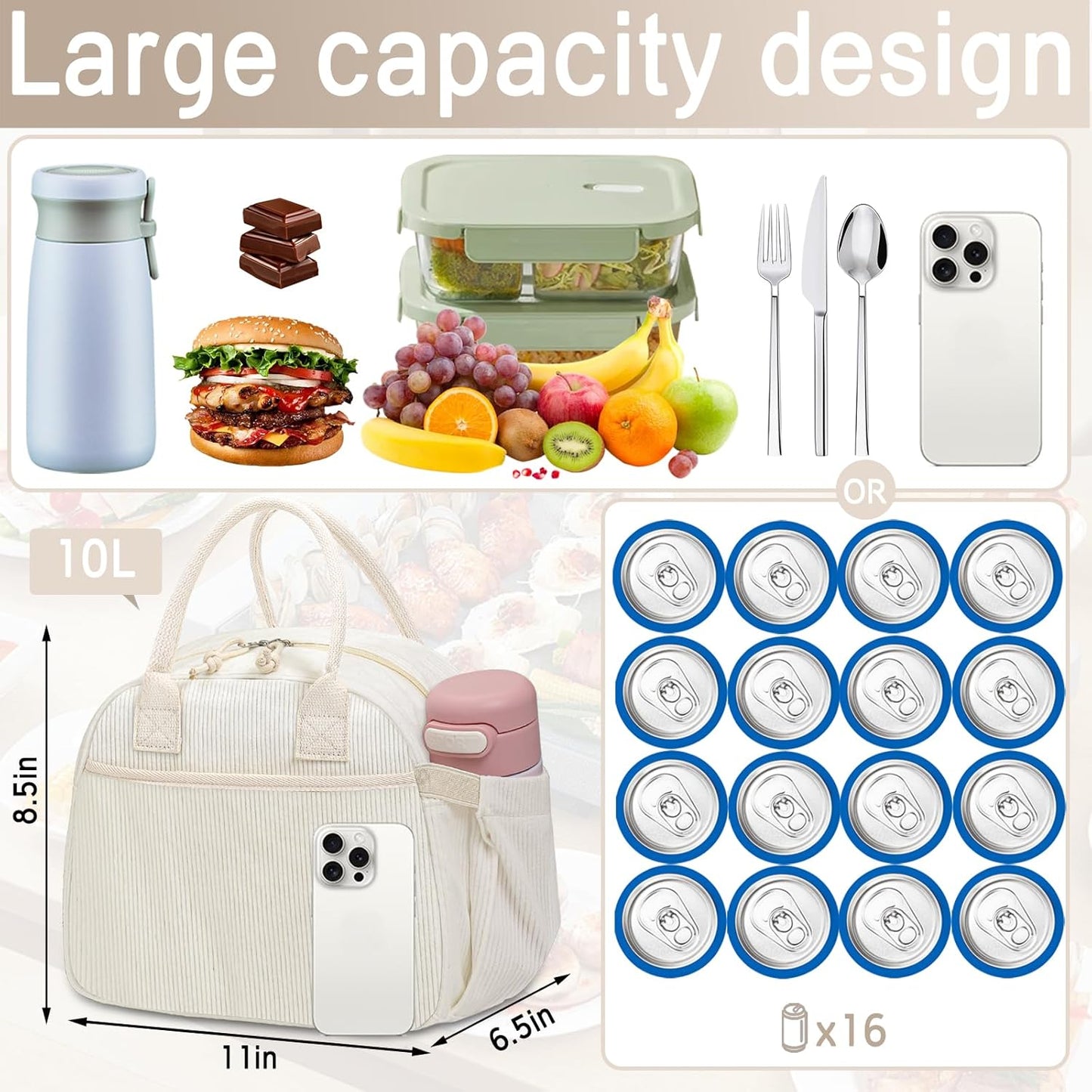 Lunch Box for Women, Insulated Lunch Bag Cute Corduroy Lunchbox Reusable Tote Bags for Work (beige corduroy)