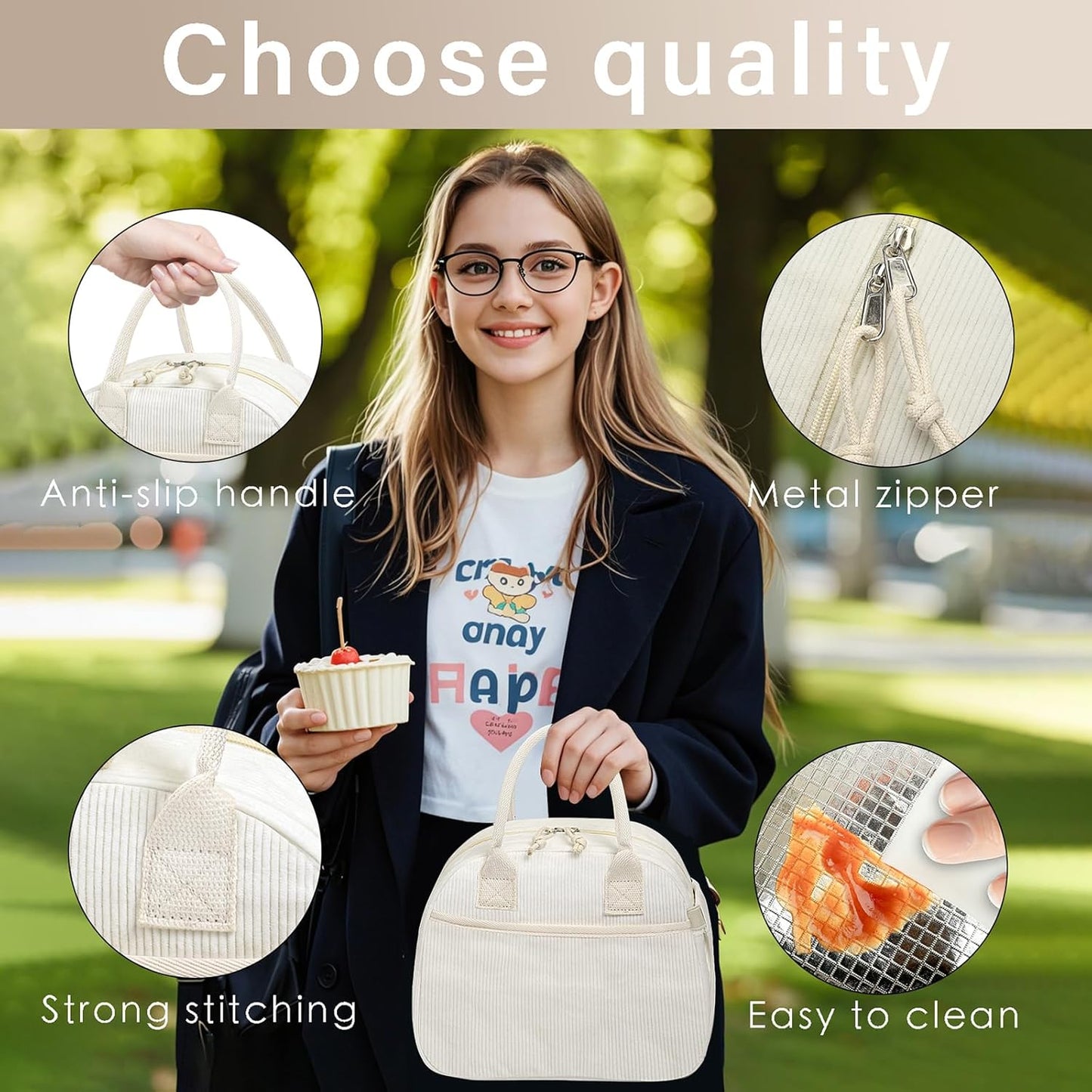 Lunch Box for Women, Insulated Lunch Bag Cute Corduroy Lunchbox Reusable Tote Bags for Work (beige corduroy)