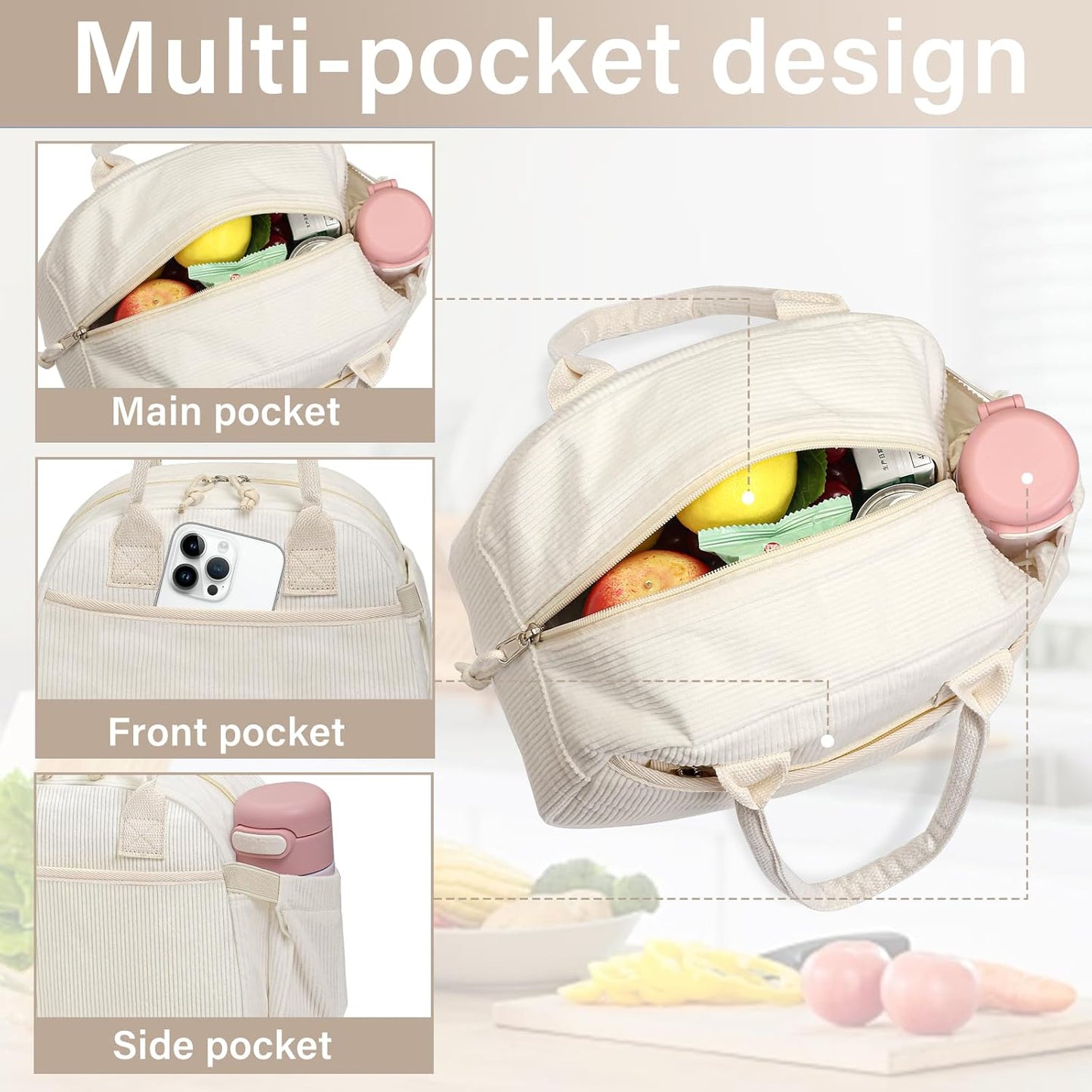 Lunch Box for Women, Insulated Lunch Bag Cute Corduroy Lunchbox Reusable Tote Bags for Work (beige corduroy)