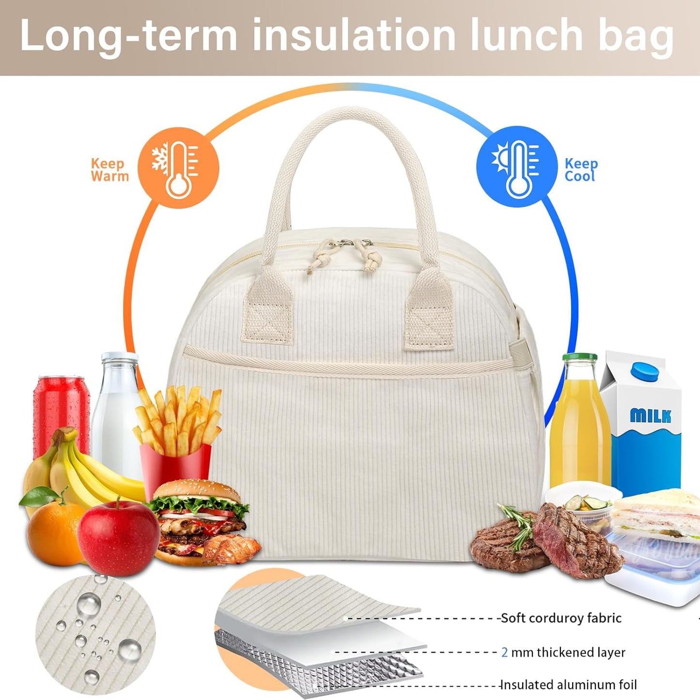 Lunch Box for Women, Insulated Lunch Bag Cute Corduroy Lunchbox Reusable Tote Bags for Work (beige corduroy)