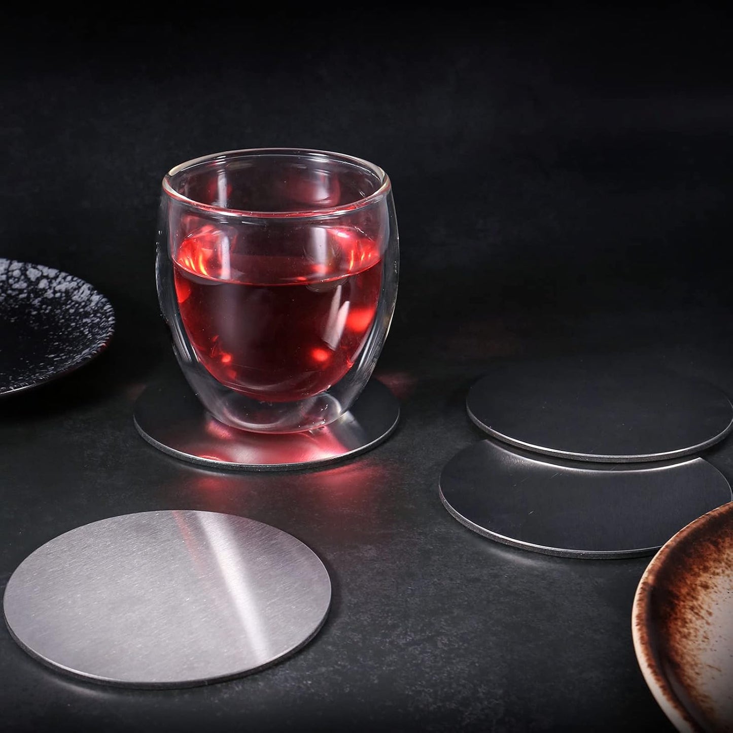 Cup Coasters,  Cup Coasters Set with Decorative Rack, Stainless Steel Tabletop Display Round Cup Coaster with Holder, Silver, Set of 4