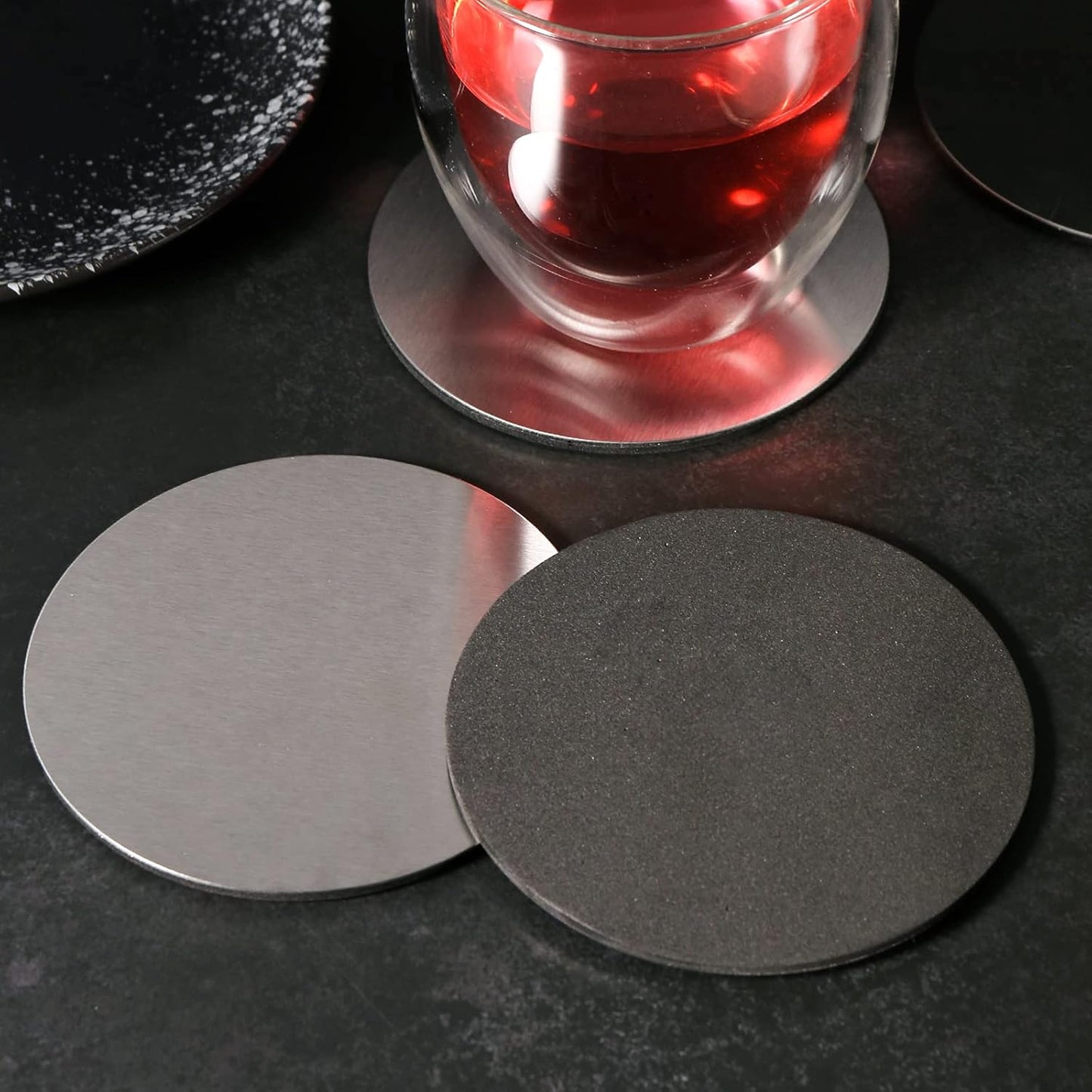 Cup Coasters,  Cup Coasters Set with Decorative Rack, Stainless Steel Tabletop Display Round Cup Coaster with Holder, Silver, Set of 4