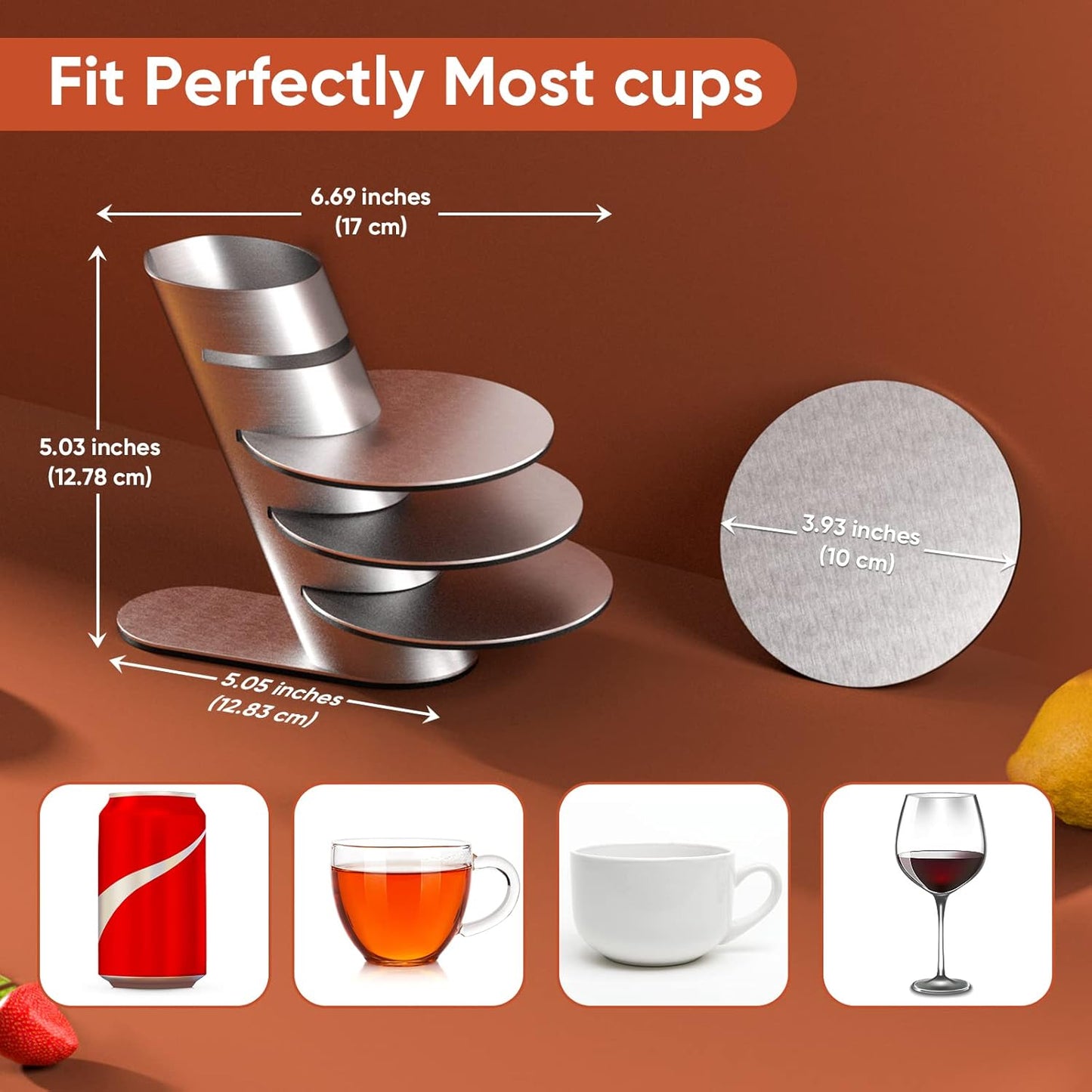 Cup Coasters,  Cup Coasters Set with Decorative Rack, Stainless Steel Tabletop Display Round Cup Coaster with Holder, Silver, Set of 4