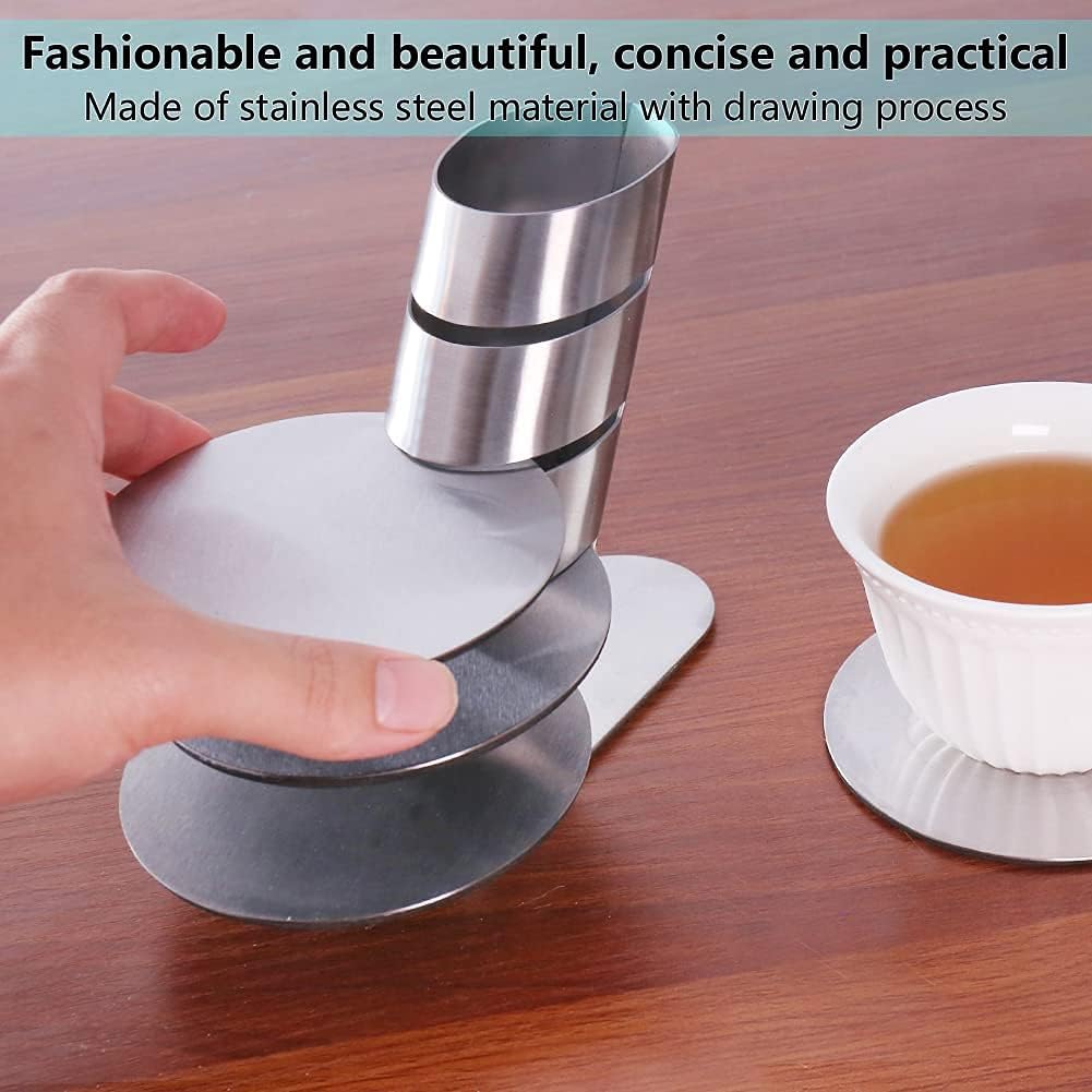 Cup Coasters,  Cup Coasters Set with Decorative Rack, Stainless Steel Tabletop Display Round Cup Coaster with Holder, Silver, Set of 4
