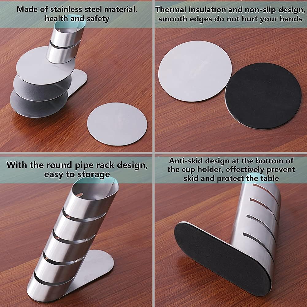 Cup Coasters,  Cup Coasters Set with Decorative Rack, Stainless Steel Tabletop Display Round Cup Coaster with Holder, Silver, Set of 4
