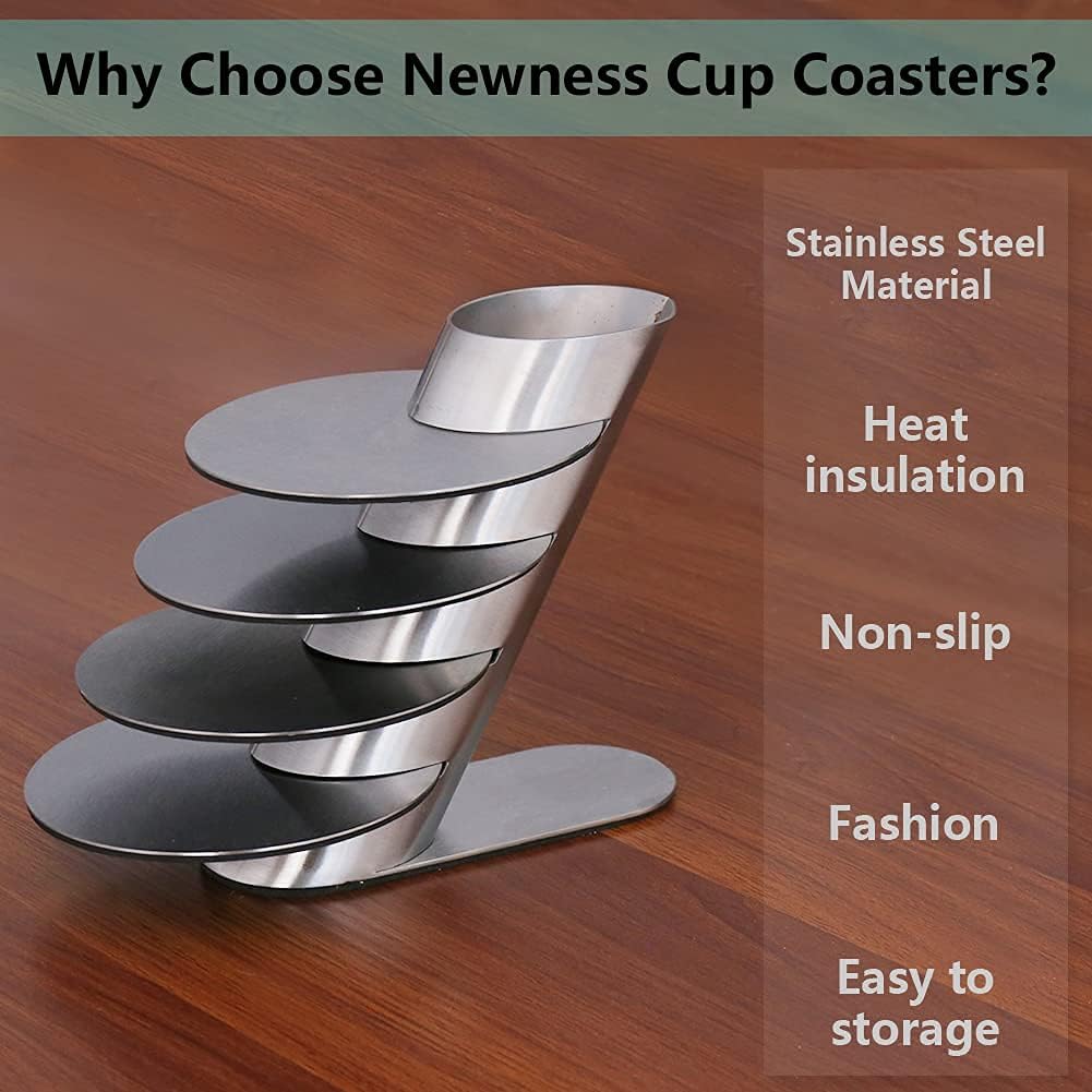 Cup Coasters,  Cup Coasters Set with Decorative Rack, Stainless Steel Tabletop Display Round Cup Coaster with Holder, Silver, Set of 4