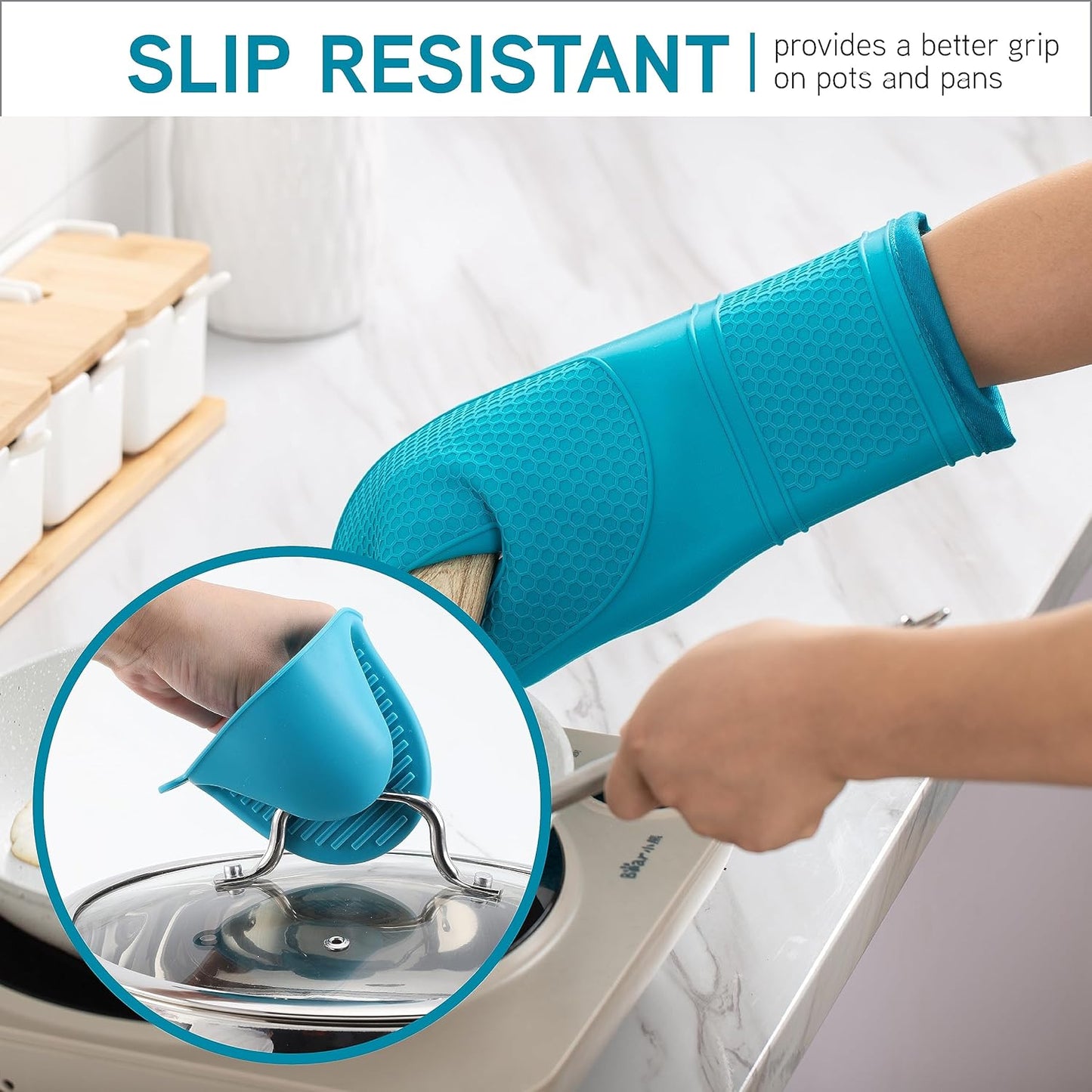 Silicone Oven Mitts- Heat Resistant Gloves with Soft Quilted Lining Oven Mitt Pot Holders for Cooking and BBQ, Teal, Mitt Set