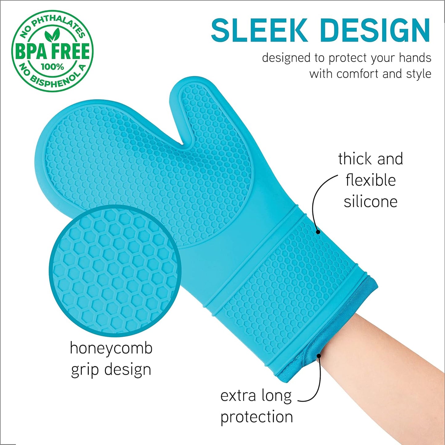Silicone Oven Mitts- Heat Resistant Gloves with Soft Quilted Lining Oven Mitt Pot Holders for Cooking and BBQ, Teal, Mitt Set