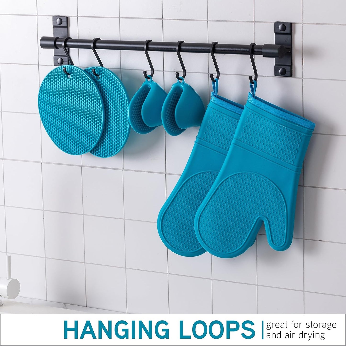 Silicone Oven Mitts- Heat Resistant Gloves with Soft Quilted Lining Oven Mitt Pot Holders for Cooking and BBQ, Teal, Mitt Set