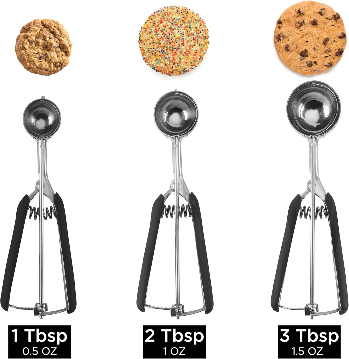 Social Chef Stainless Cookie Scoop Set - Small Cookie Dough Scooper for Great Cookies Sized Cookies - Small Ice Cream Scooper with Trigger Release, 3 Pack, Black