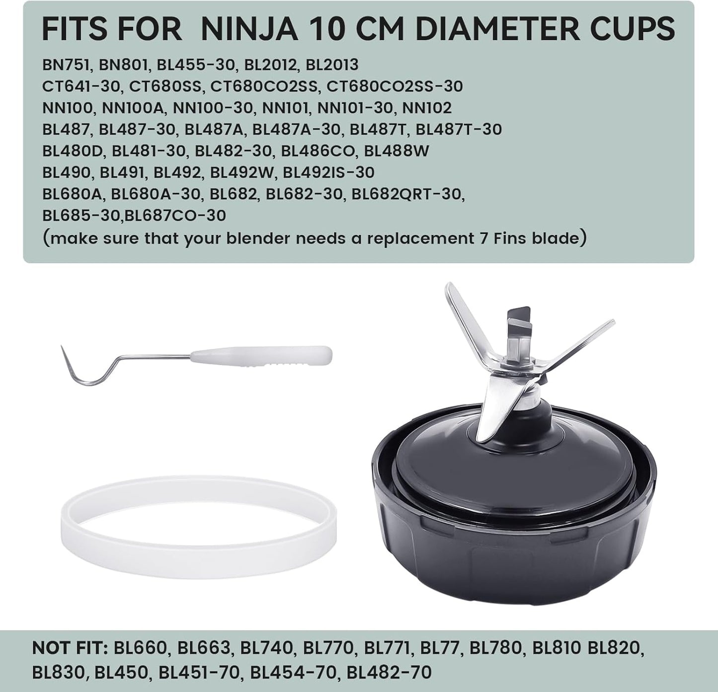 7-Fins Blender Blade and 6 PCS Rubber Gaskets with 2 PCS Ring Removal Tools