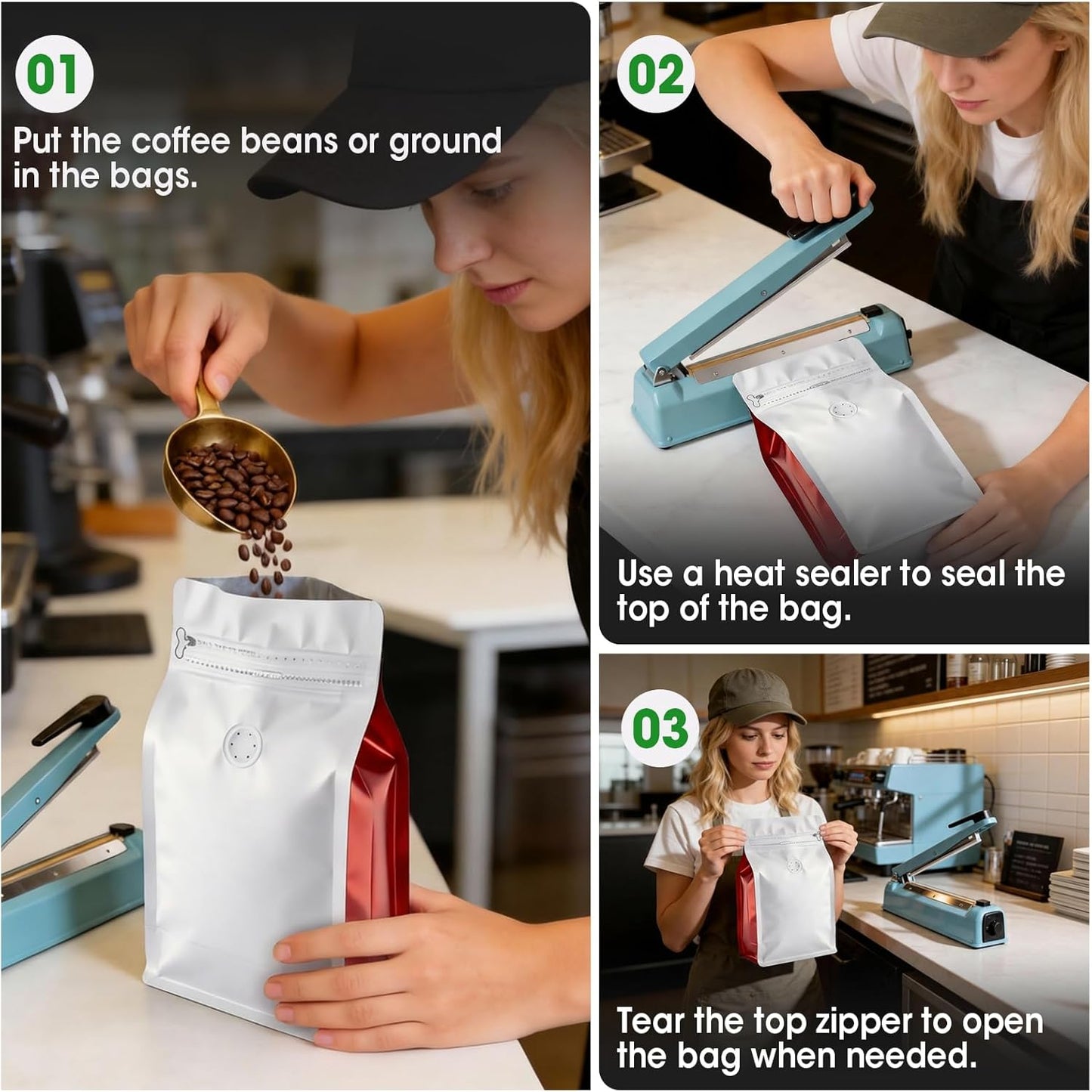 Coffee Bags with Valve(60pcs,16 oz,1 lb) Vented Coffee Beans Packaging Bags High Barrier Aluminumed Foil Flat Bottom Heat Sealed Side Zipper Resealable Storage Bag for Home or Business（White+Black）