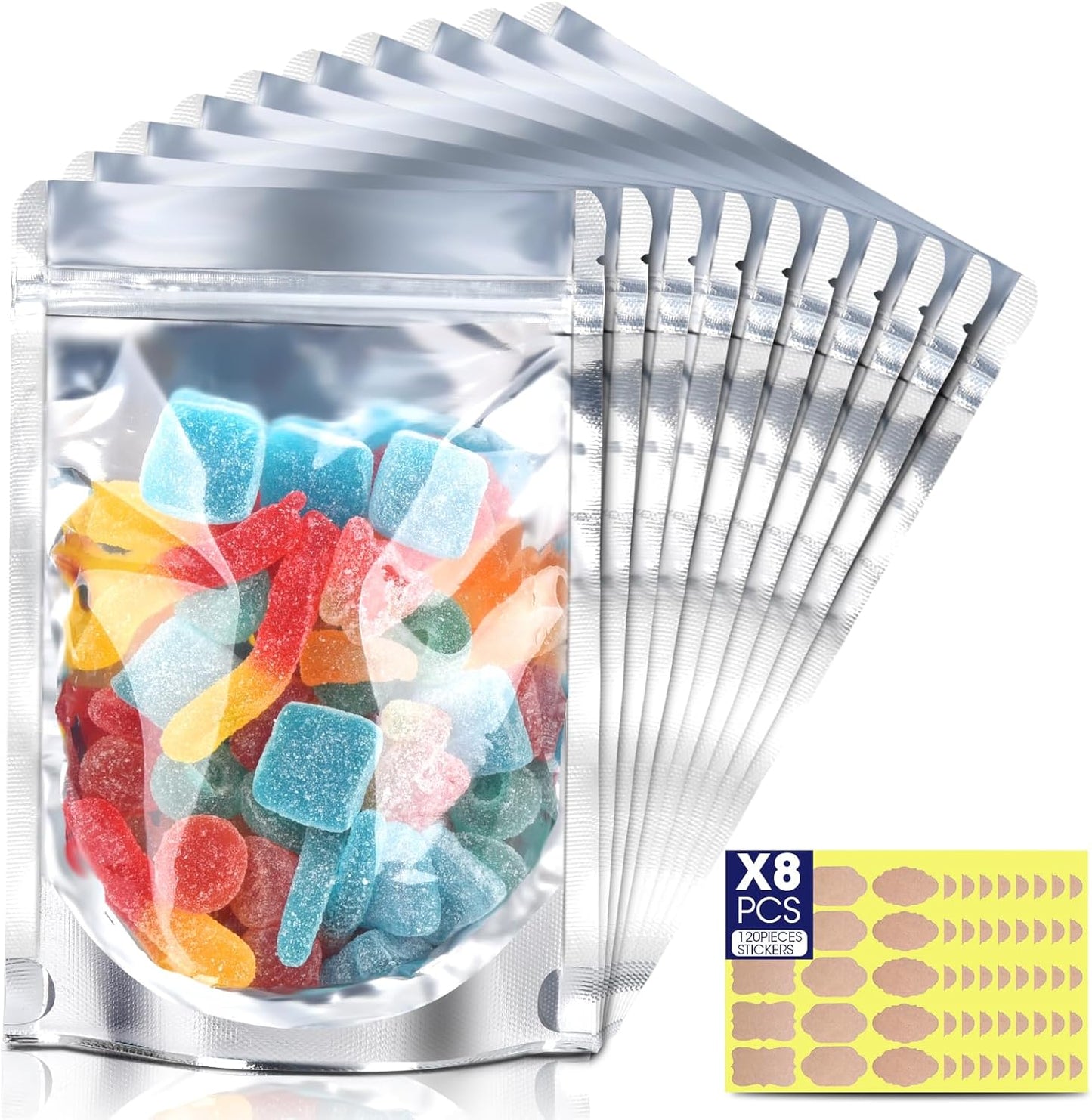 120pcs Stand Up Pouch Bags, 4" x 6" Mylar Bag for Food Storage, Clear Front with Aluminum Foil Back Resealable Food Storage Bags for Small Business Packaging Treat Snack Bag for Self Sealing
