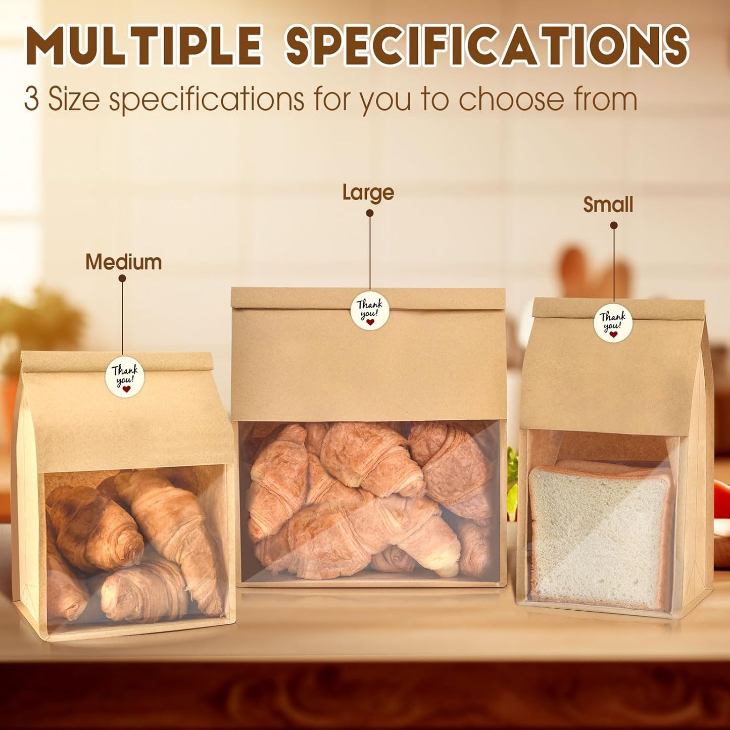 60pcs Kraft Bakery Bags with Thank You Stickers,10.5x6.2x4.7 Inches Sourdough Bread Bags with Tin Tie Tab Lock Smoother Bags with Clear Window for Homemade Bread, Baked Food Packaging Storage