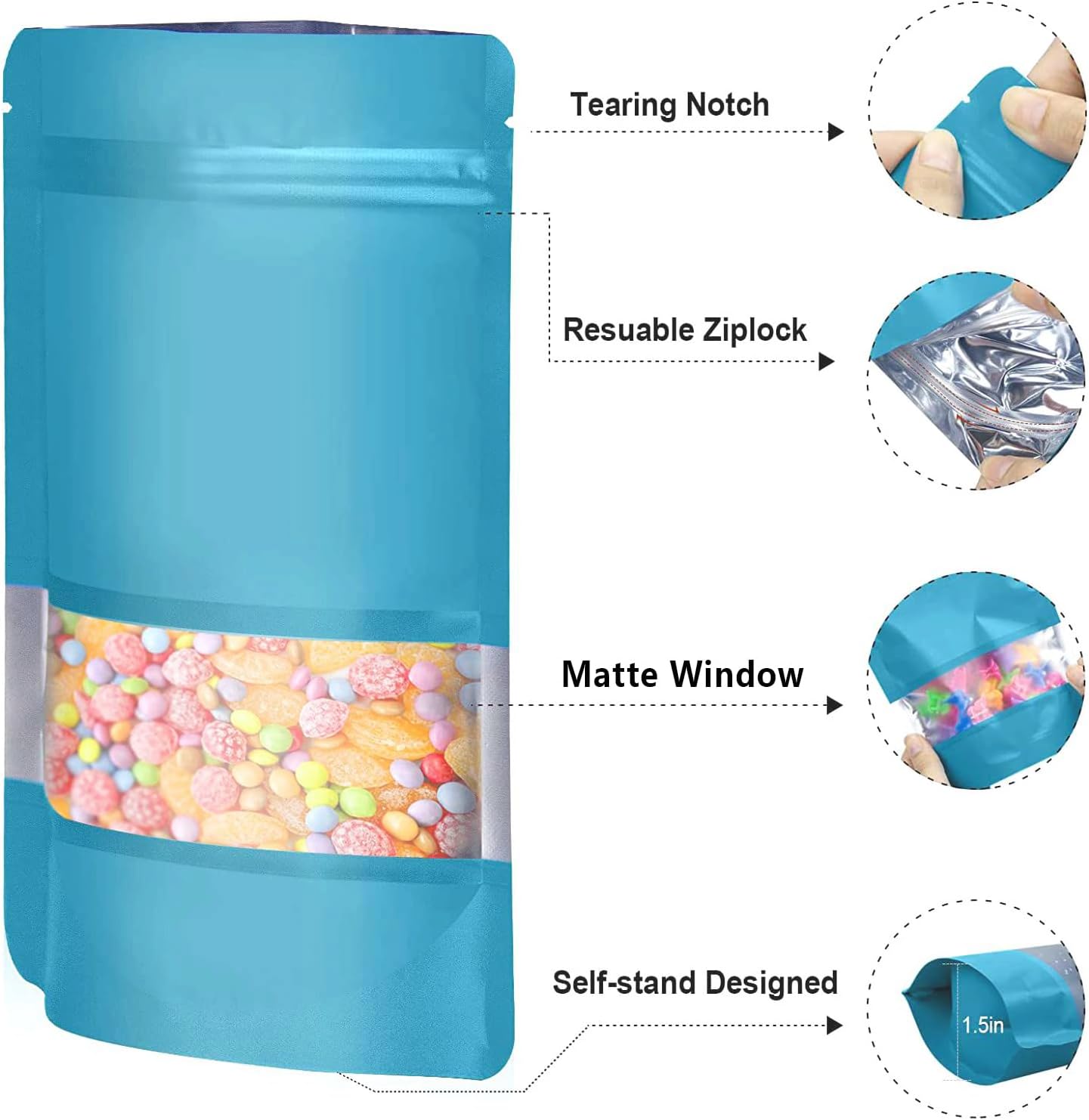 120pcs Mylar Bags for Food Storage+120pcs Holographic Packaging Bags（blue）