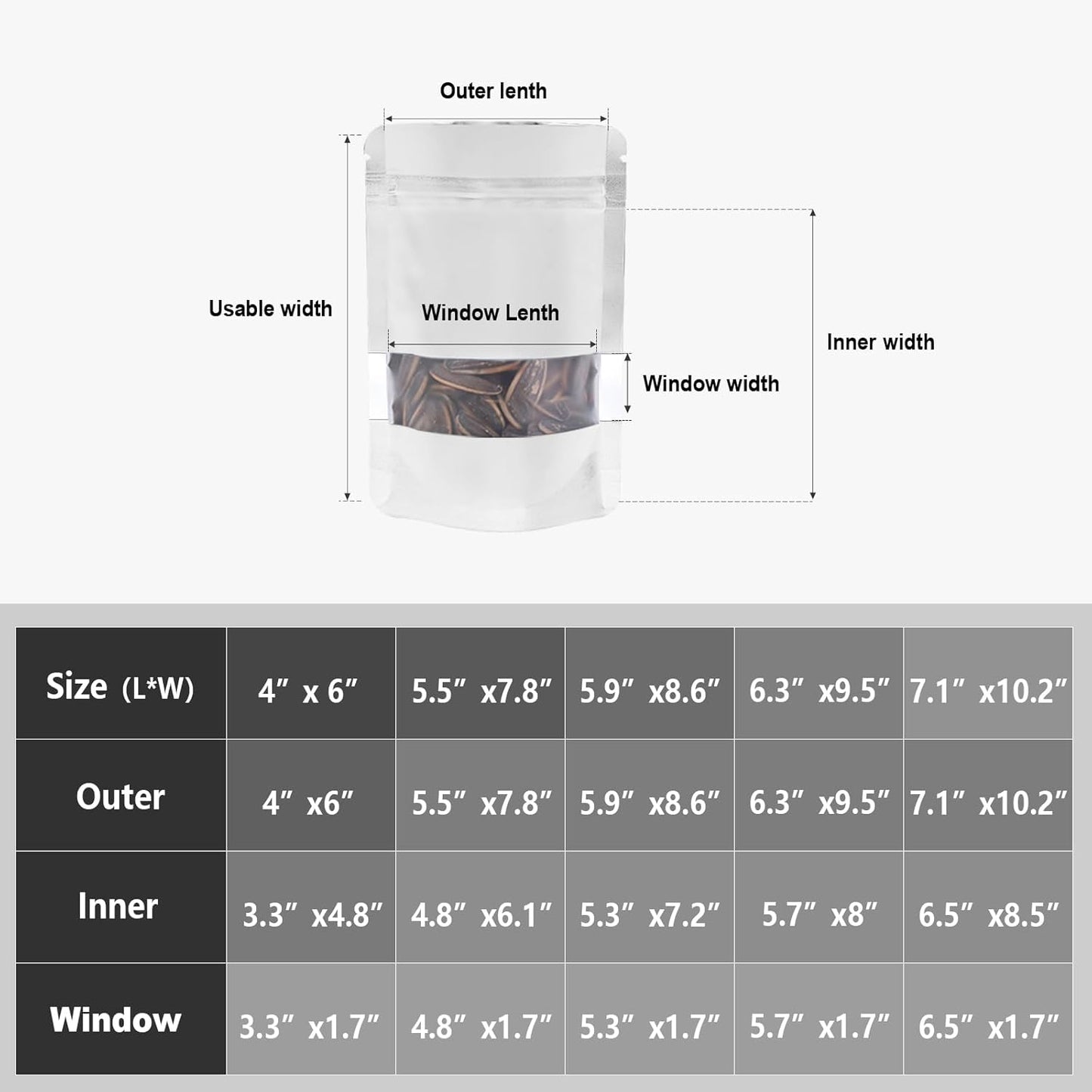 120pcs Mylar Bags for Food Storage+120pcs Holographic Packaging Bags（white）