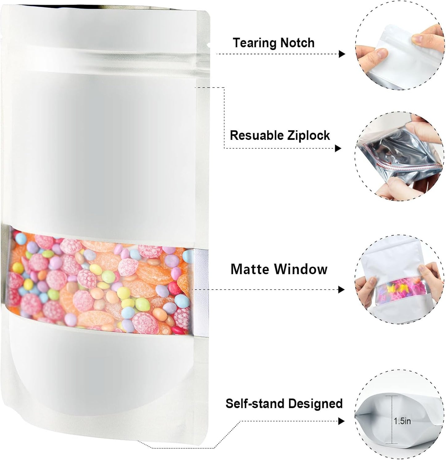 120pcs Mylar Bags for Food Storage+120pcs Holographic Packaging Bags（white）