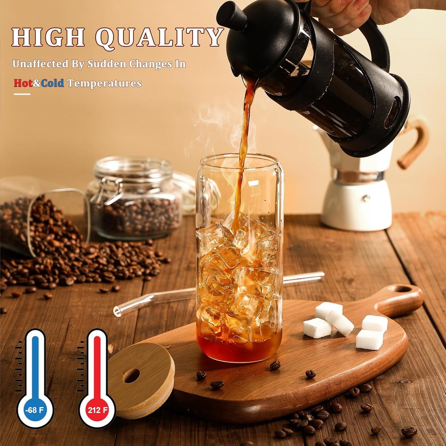20 OZ Glass Cups with Bamboo Lids and Glass Straw - Beer Shaped Drinking Glasses Set, Iced Coffee Glasses, Cute Tumbler Cup, Aesthetic Coffee Bar Accessories, Gift - 2 Pack