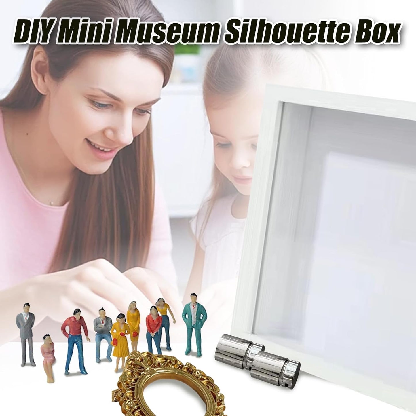 DIY Mini Museum Silhouette Box–Celebrate Your Unique Memories in Style, Personalized DIY Photo Family Memory Display Case Frame Silhouette Box with Gold Mini Frames & Figurines (White)