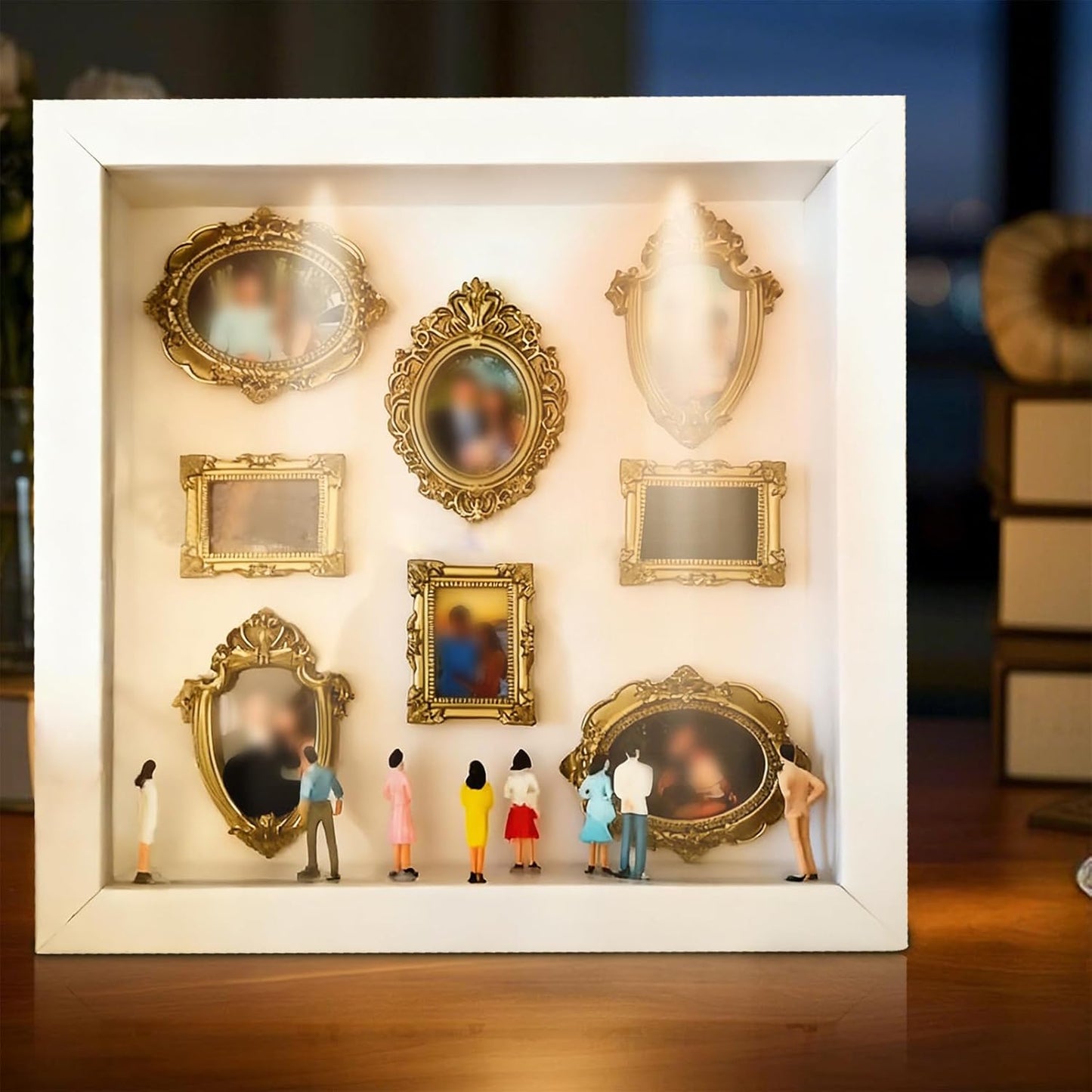 DIY Mini Museum Silhouette Box–Celebrate Your Unique Memories in Style, Personalized DIY Photo Family Memory Display Case Frame Silhouette Box with Gold Mini Frames & Figurines (White)