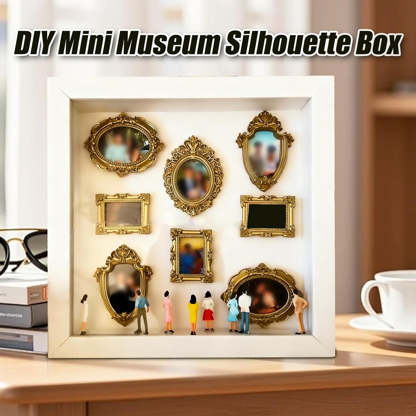 DIY Mini Museum Silhouette Box–Celebrate Your Unique Memories in Style, Personalized DIY Photo Family Memory Display Case Frame Silhouette Box with Gold Mini Frames & Figurines (White)