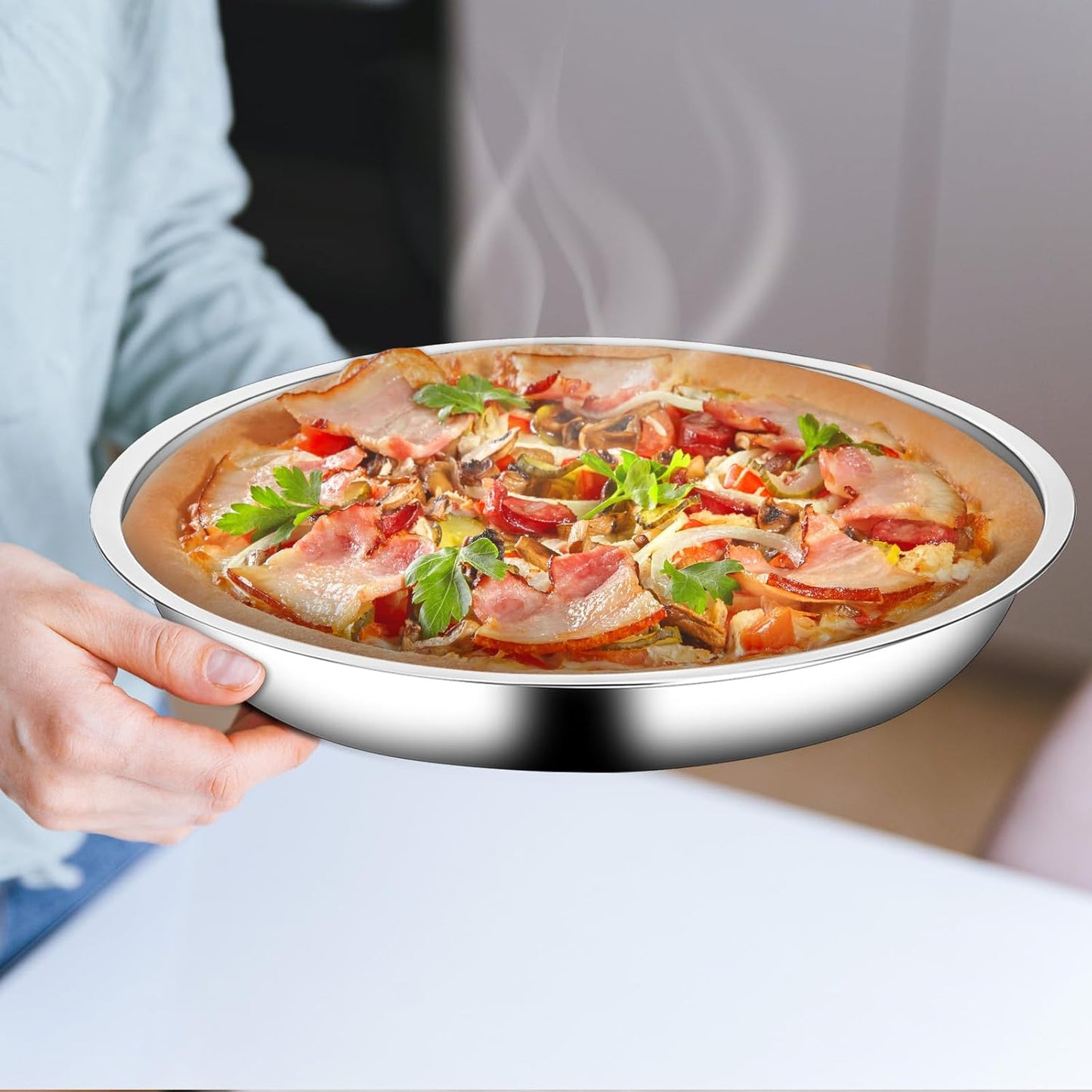 Vin Beauty 4 Pack 13 Inch Deep Dish Pizza Pan Stainless Steel Round Pizza Tray for Oven, Deep Dish Metal Stainless Steel Pie Pan Baking for Oven Cookie Cake, Dishwasher Safe