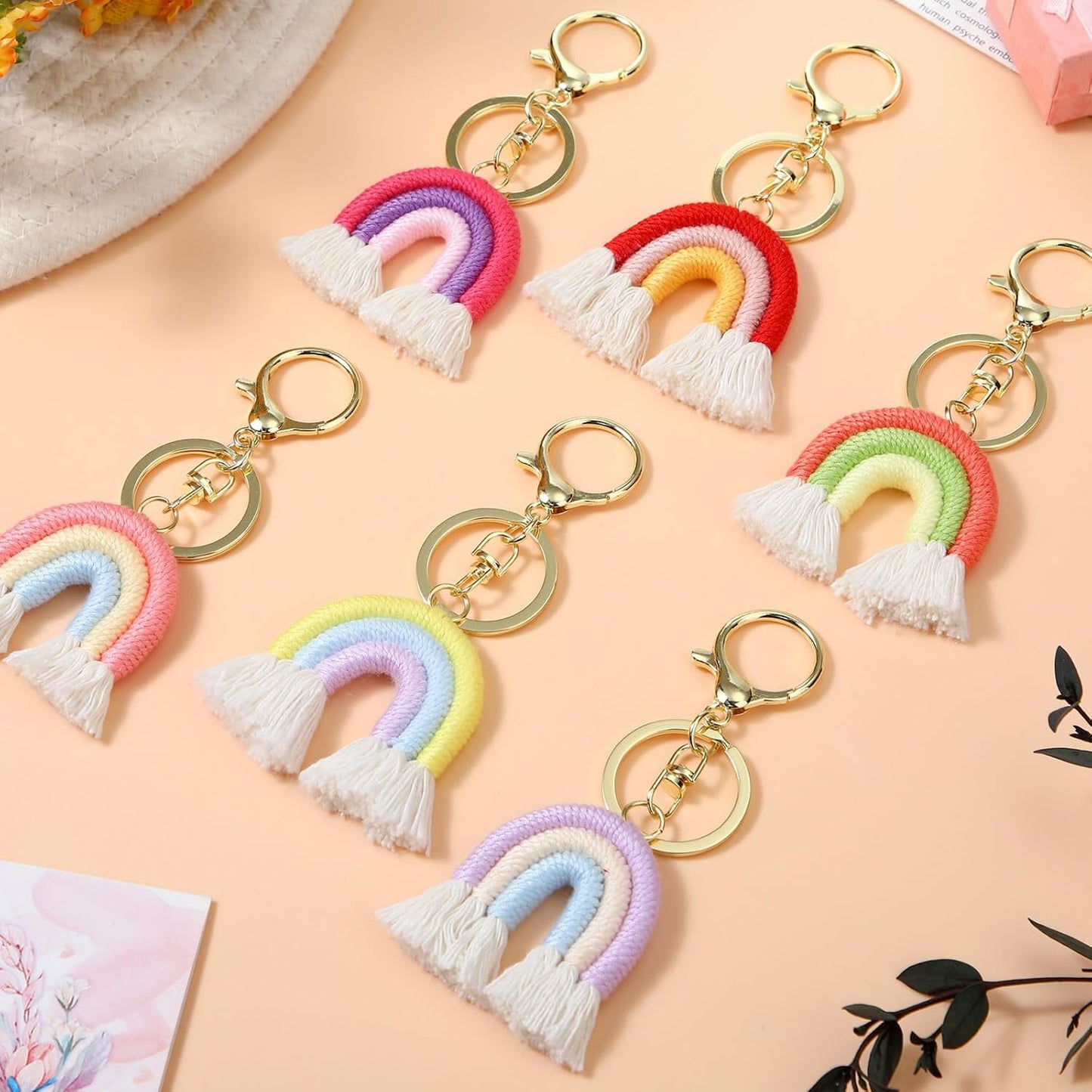 Landhoow 6 Pcs Boho Rainbow Keychains Bulk Women Macrame Rainbow Key Chains Mini Tassel Keychains Car Keyrings Holder(Pastel Color)
