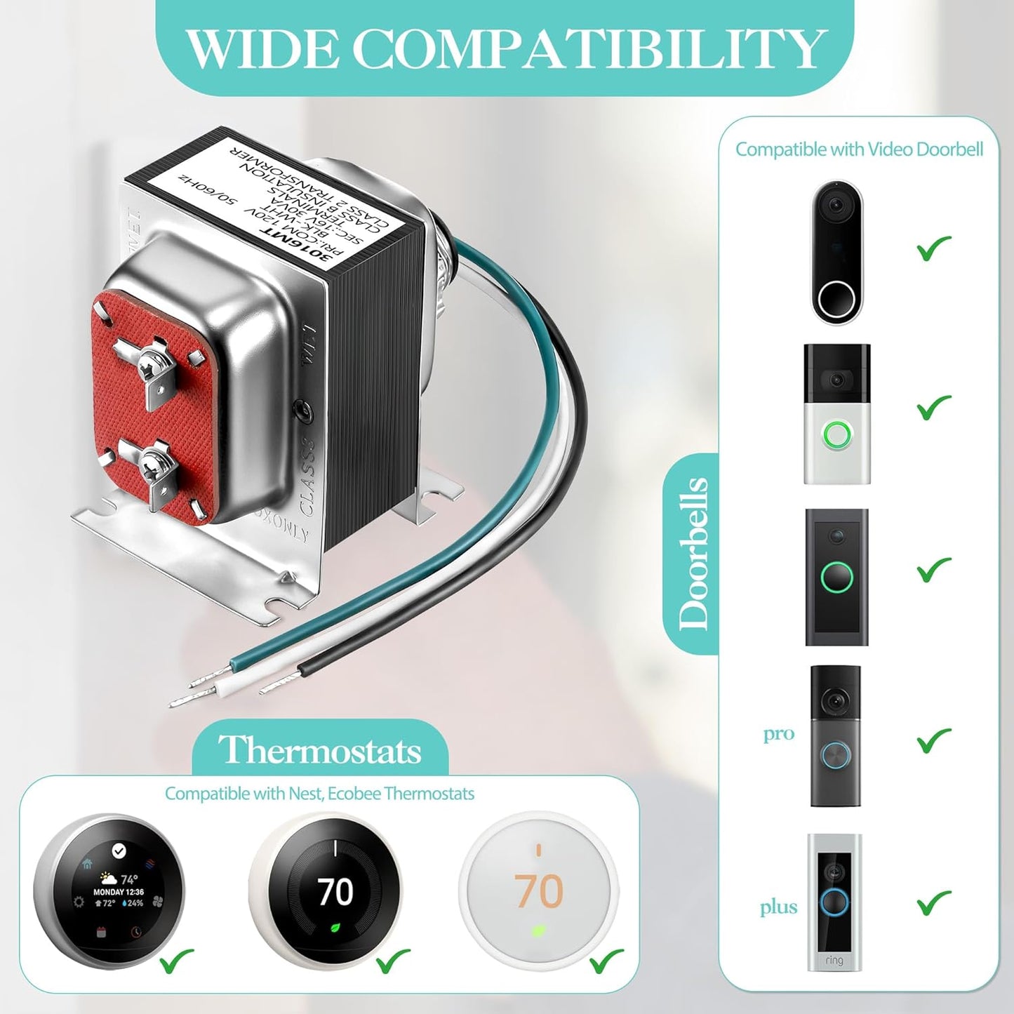 Landhoow Doorbell Transformer 16V 30VA, Hardwired Door Chime Transformer Compatible with Ring, Nest Hello Video Doorbell, 16V AC Power Supply for Thermostat, Easy to Install Door Bell Transformers