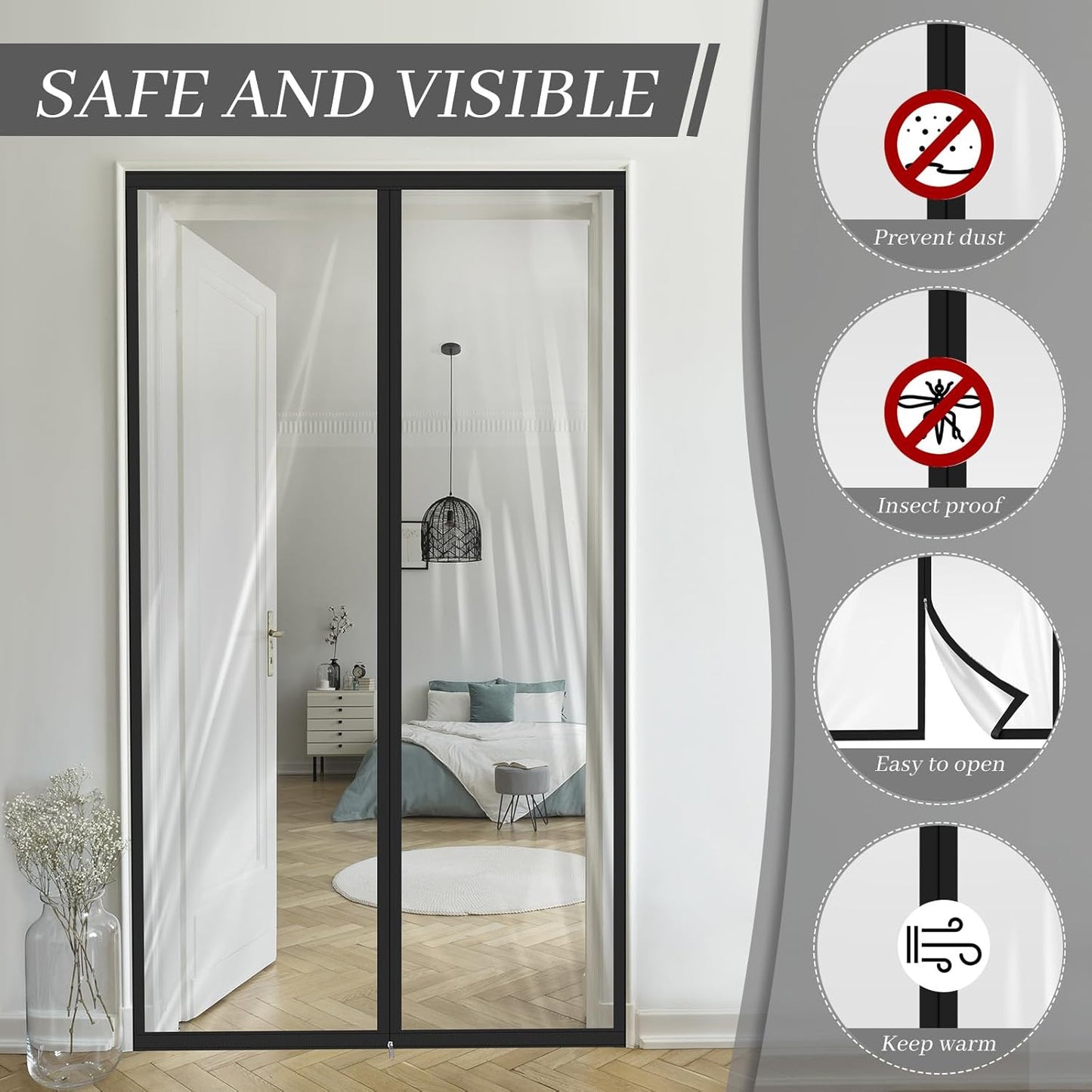 Amylove Zipper 60 x 102 Inch Dust Barrier Door Kit Construction Door Barrier 5 x 8.5 ft Reusable Plastic Curtain Cover Containment Standard Doorway Temporary Wall Screen Sheeting for Bathroom Hallway