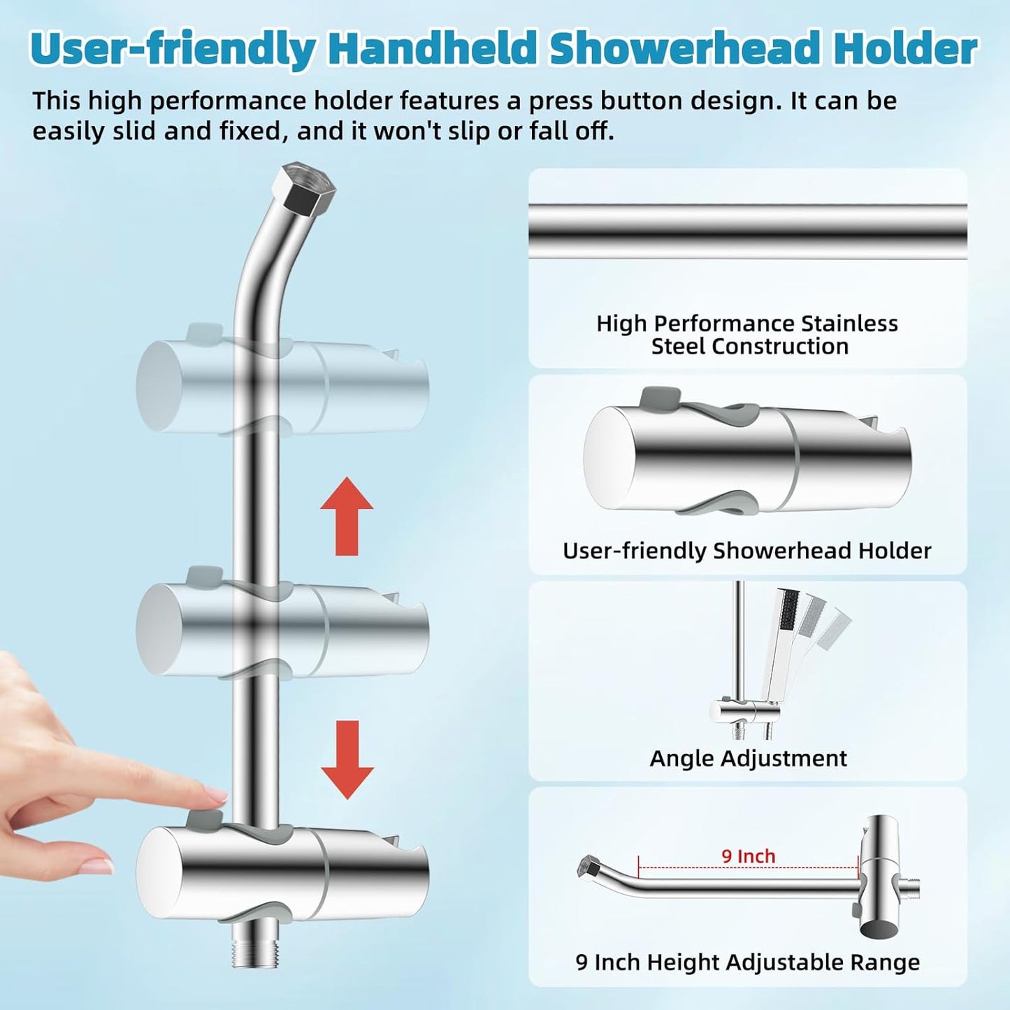 Shower Slide Bar with Handheld Shower Head Holder, Stainless Steel Shower Arm Extension Sliding Bar, Height & Angle Adjustment Showerhead Holder, Chrome