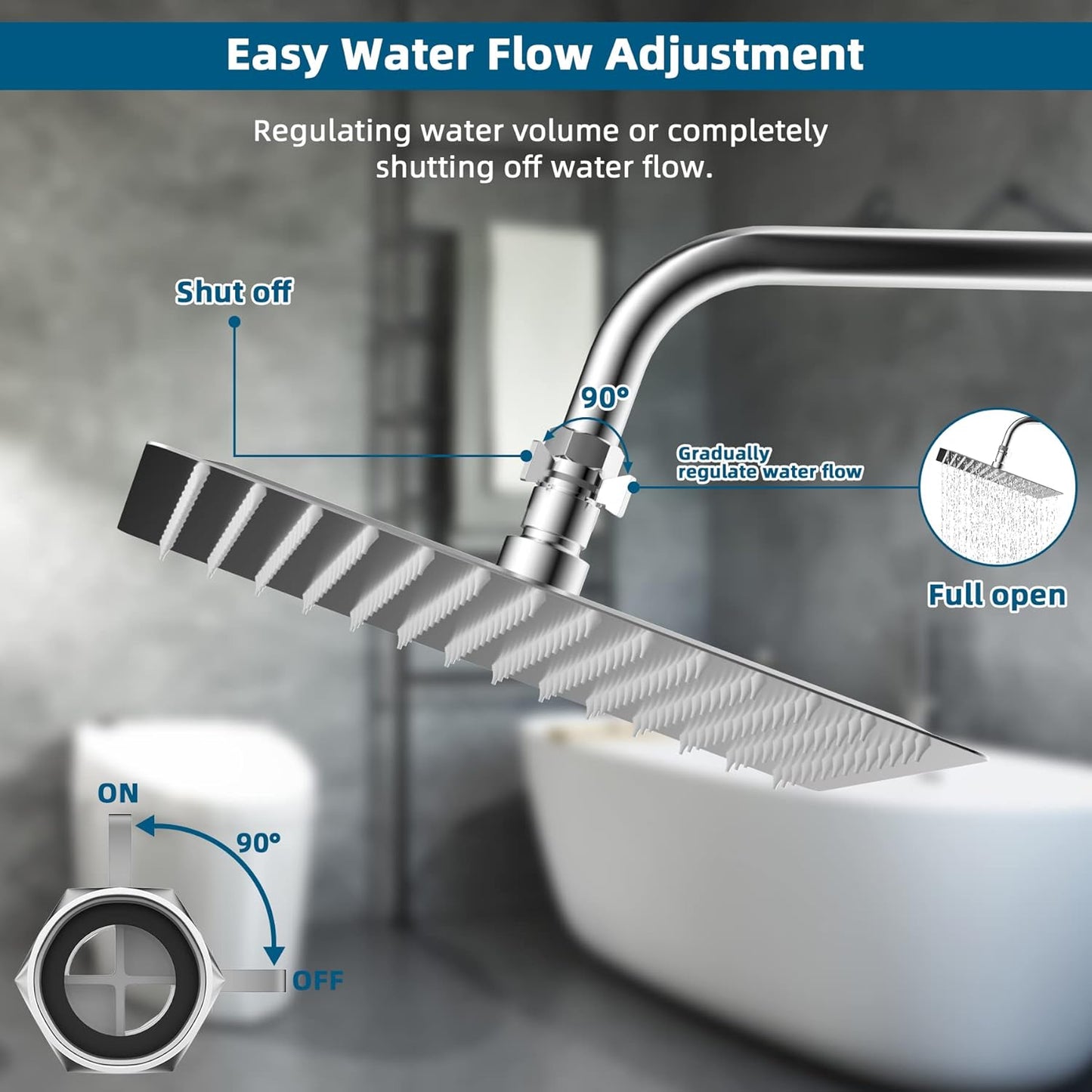 All Metal Shower Head Flow Control Valve with Showerhead Holder, G1/2 Brass Shut-off Valve with Metal Handle Lever, Strong Adhesive and Waterproof Handheld Holder and Bracket, Chrome