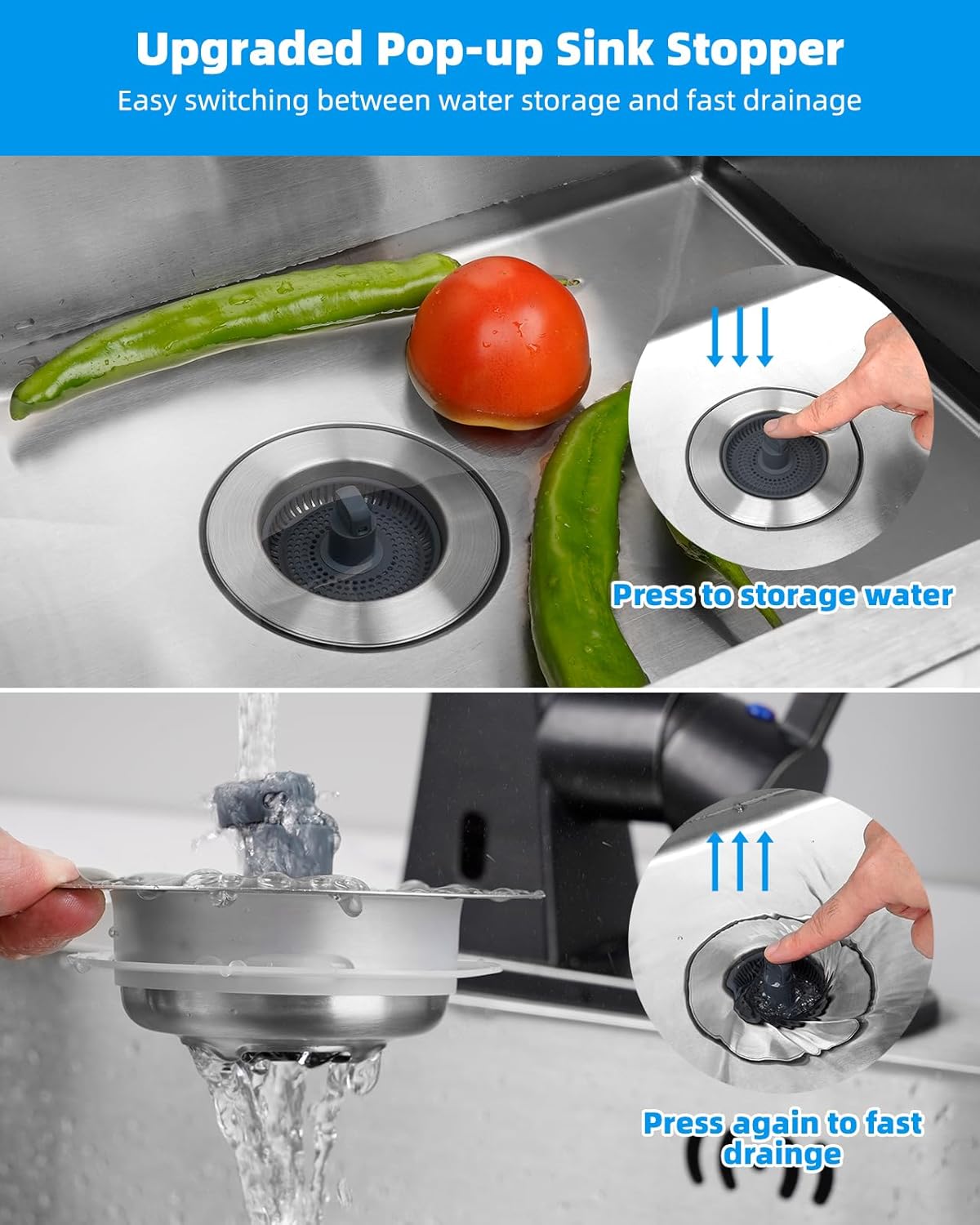Upgraded 3 in 1 Bathroom and Kitchen Sink Drain Strainer