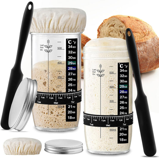 Glass Sourdough Starter Jar 2 Pack, 24 oz Wide Mouth Organic Sourdough Starter Kit with Date Marked Band, Thermometer, Cloth Cover & Metal Lid, Reusable Bread Baking Supplies, Bread Making Accessories