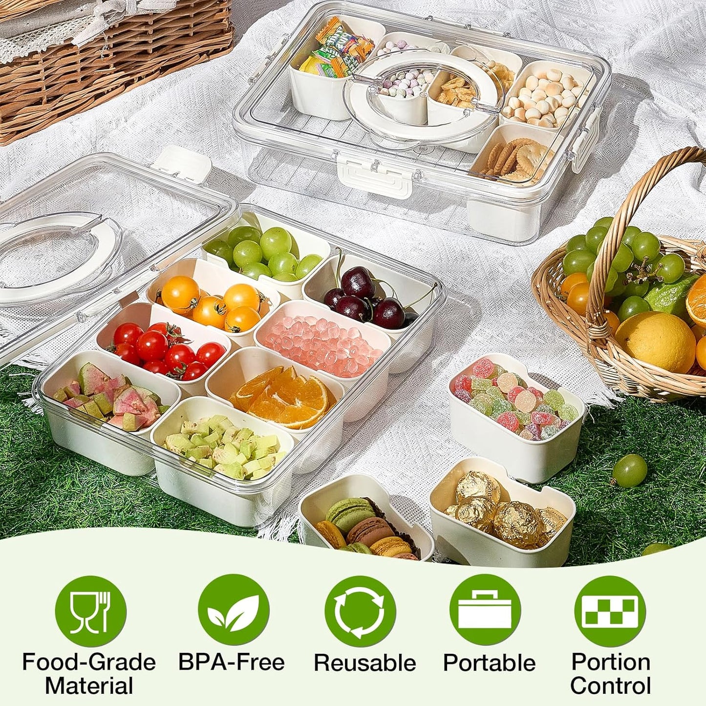 Snackle Box Container, 2 Pack Divided Serving Tray with Lid and Handle, Snack Box Charcuterie Container for Portable Snack Platters, Clear Organizer for Candy, Fruits, Travel, Party, Picnic