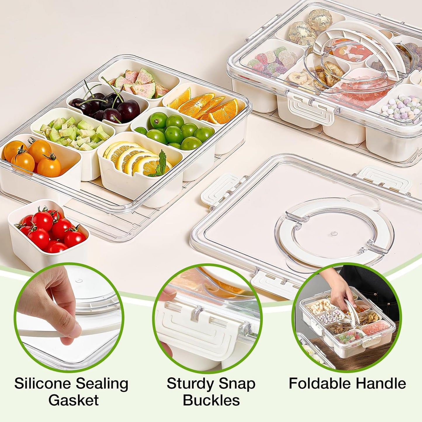 Snackle Box Container, 2 Pack Divided Serving Tray with Lid and Handle, Snack Box Charcuterie Container for Portable Snack Platters, Clear Organizer for Candy, Fruits, Travel, Party, Picnic