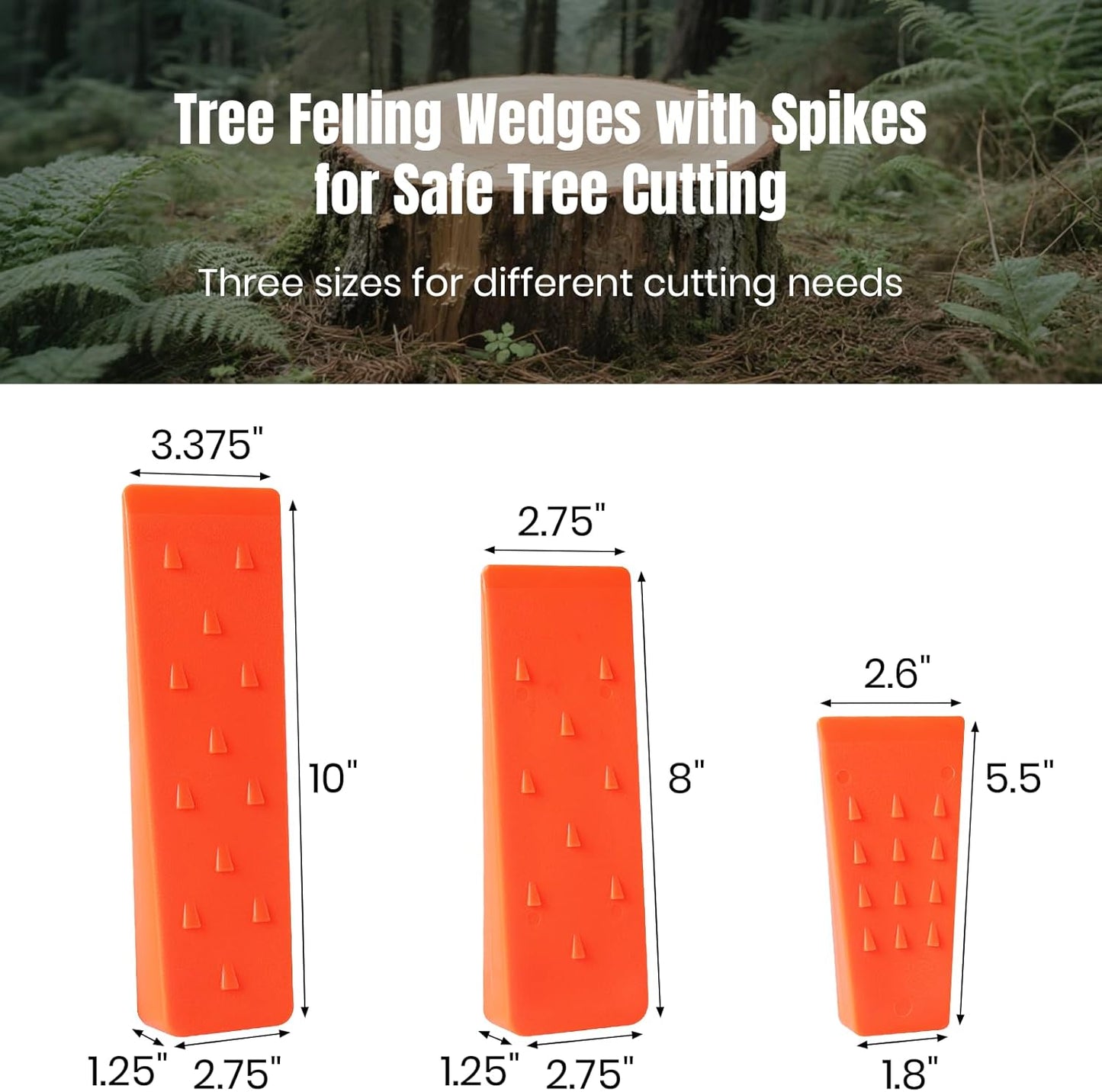 6 Pack Tree Felling Wedges with Spikes for Safe Tree Cutting – 2 Each of 10", 8” and 5.5” Wedges with Storage Bag; 6 Felling Dogs to Guide Trees Stabilize and Safely to Ground for Loggers and Fallers