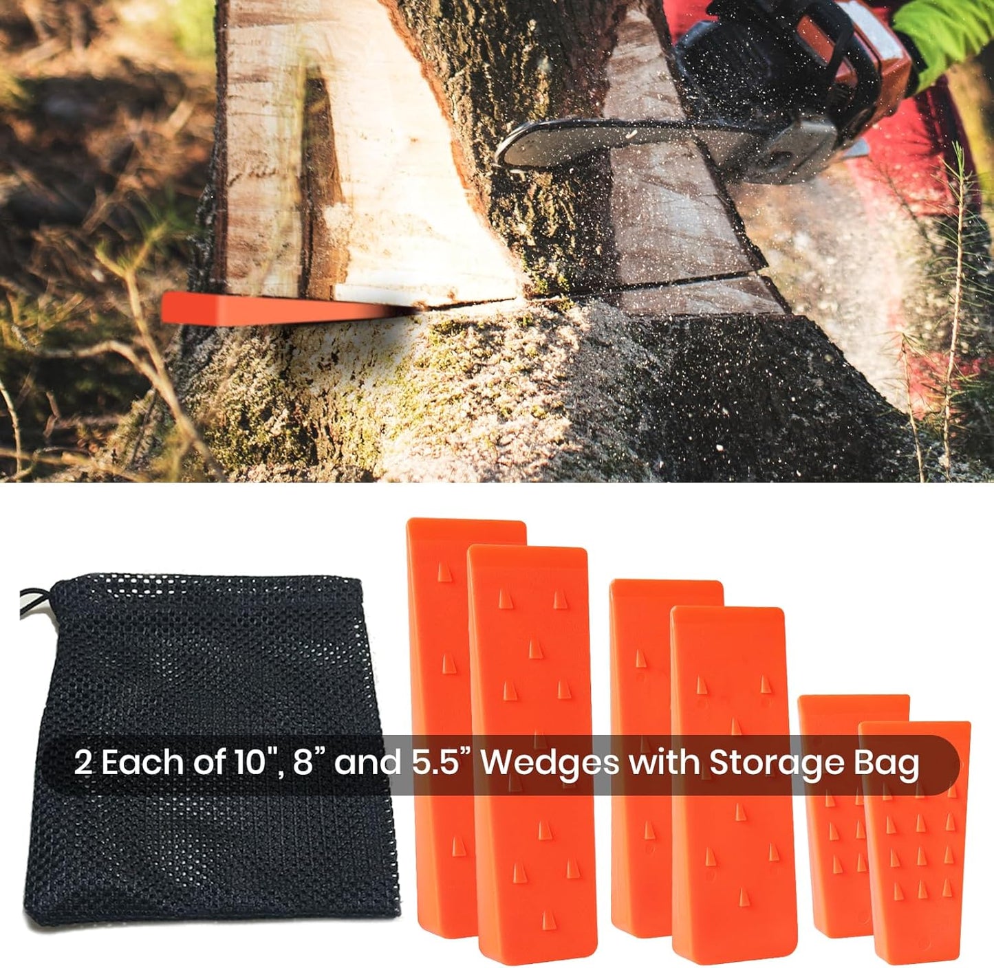 6 Pack Tree Felling Wedges with Spikes for Safe Tree Cutting – 2 Each of 10", 8” and 5.5” Wedges with Storage Bag; 6 Felling Dogs to Guide Trees Stabilize and Safely to Ground for Loggers and Fallers